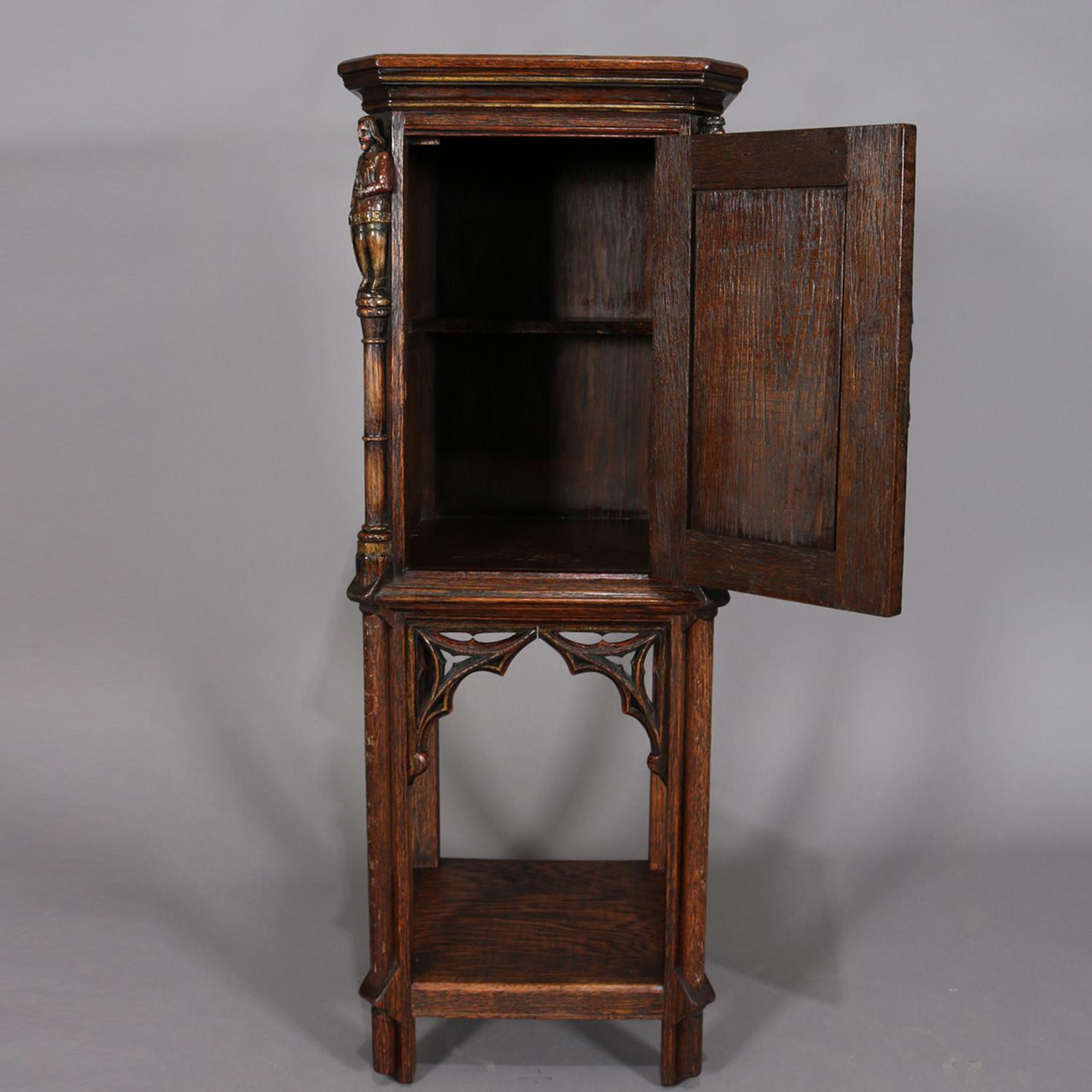 Gothic Figural Carved Oak Polychromed and Gilt Cellarette Cabinet, circa 1880 1