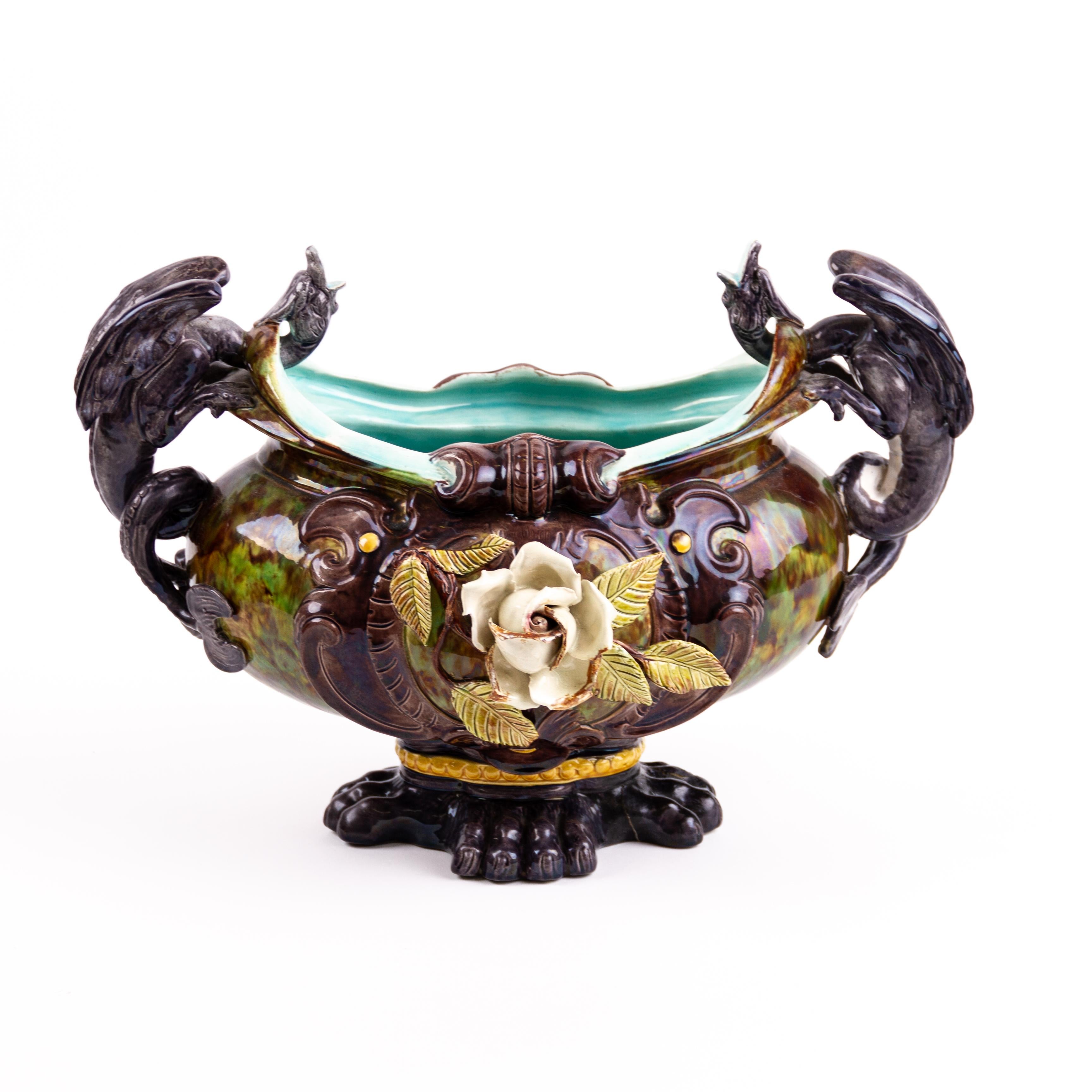 Gothic French Majolica Centrepiece Planter Jardiniere 19th Century In Good Condition For Sale In Nottingham, GB