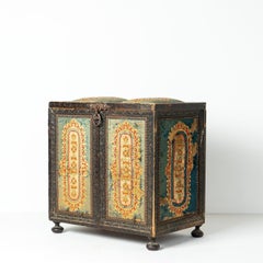 Antique French Gothic Needlepoint Embroidery Upholstered Chest, 19th Century