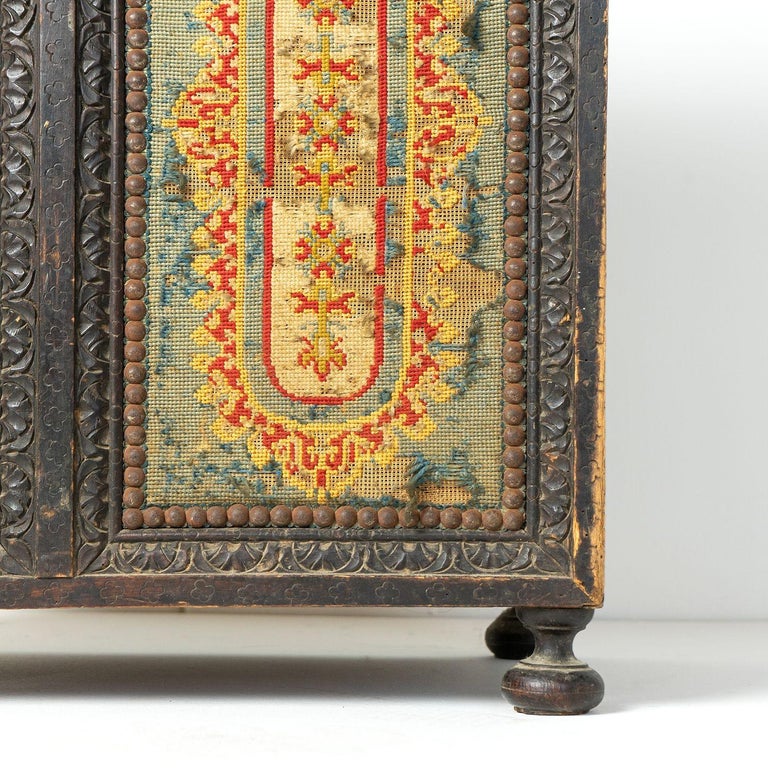 Antique French Gothic Needlepoint Embroidery Upholstered Chest, 19th
