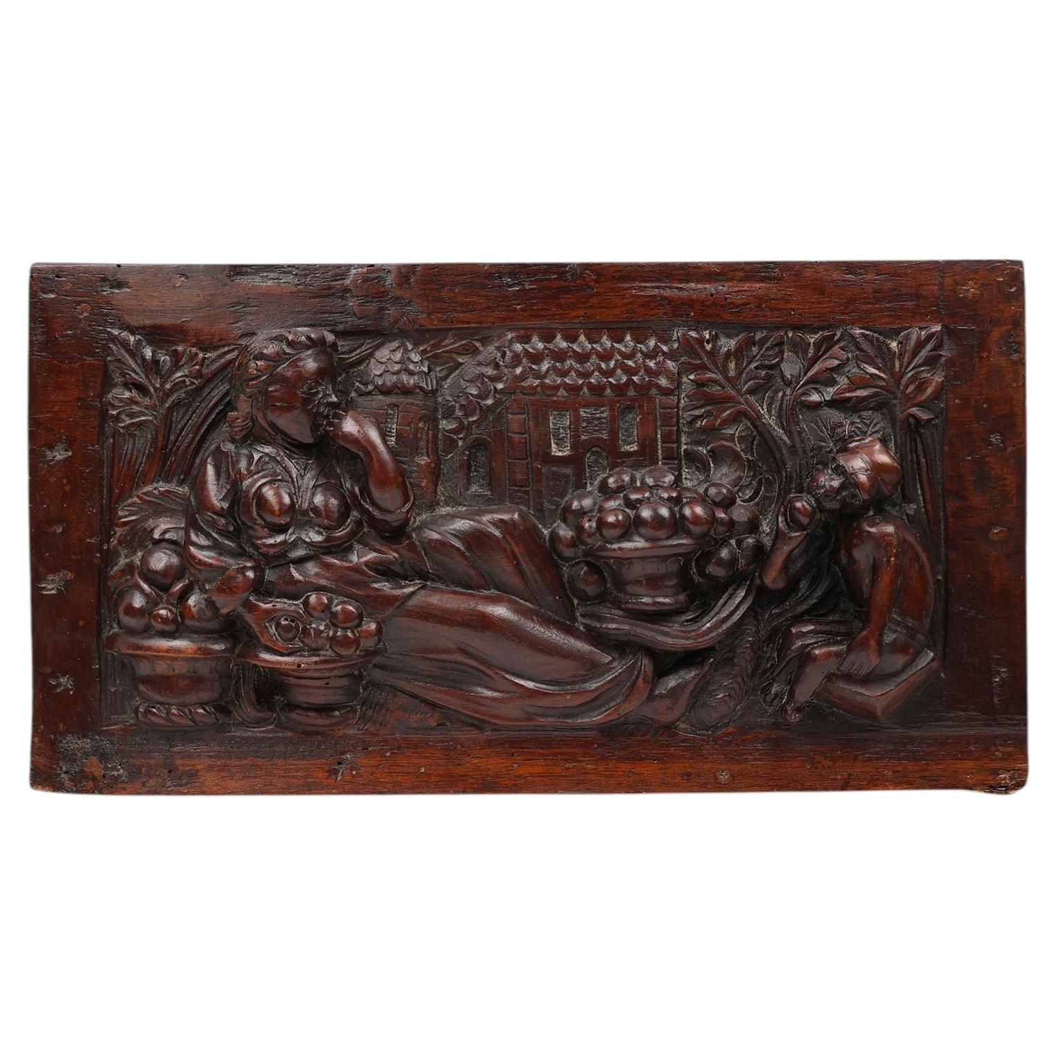 Gothic hand sculpted oak panel in oak, Belgium 17th century For Sale