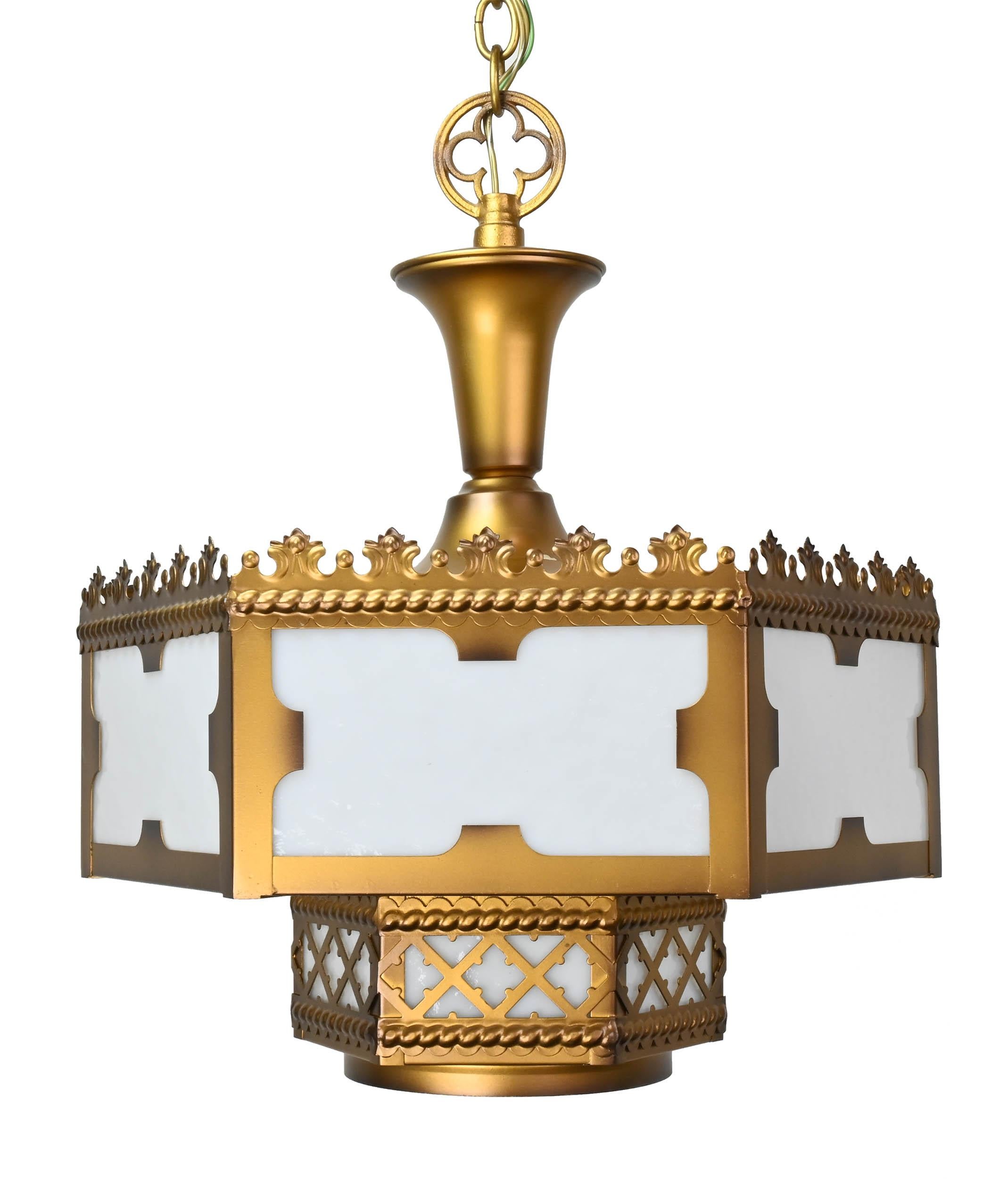 Salvaged from Mt Olive Evangelical Lutheran Church in Graceville, MN, Circa 1940s
Condition: Age Consistent
Material: Painted brass and plexiglas
Finish: Original
Country of origin: USA
Illumination: 5 Standard Edison Bulbs 

Fixture