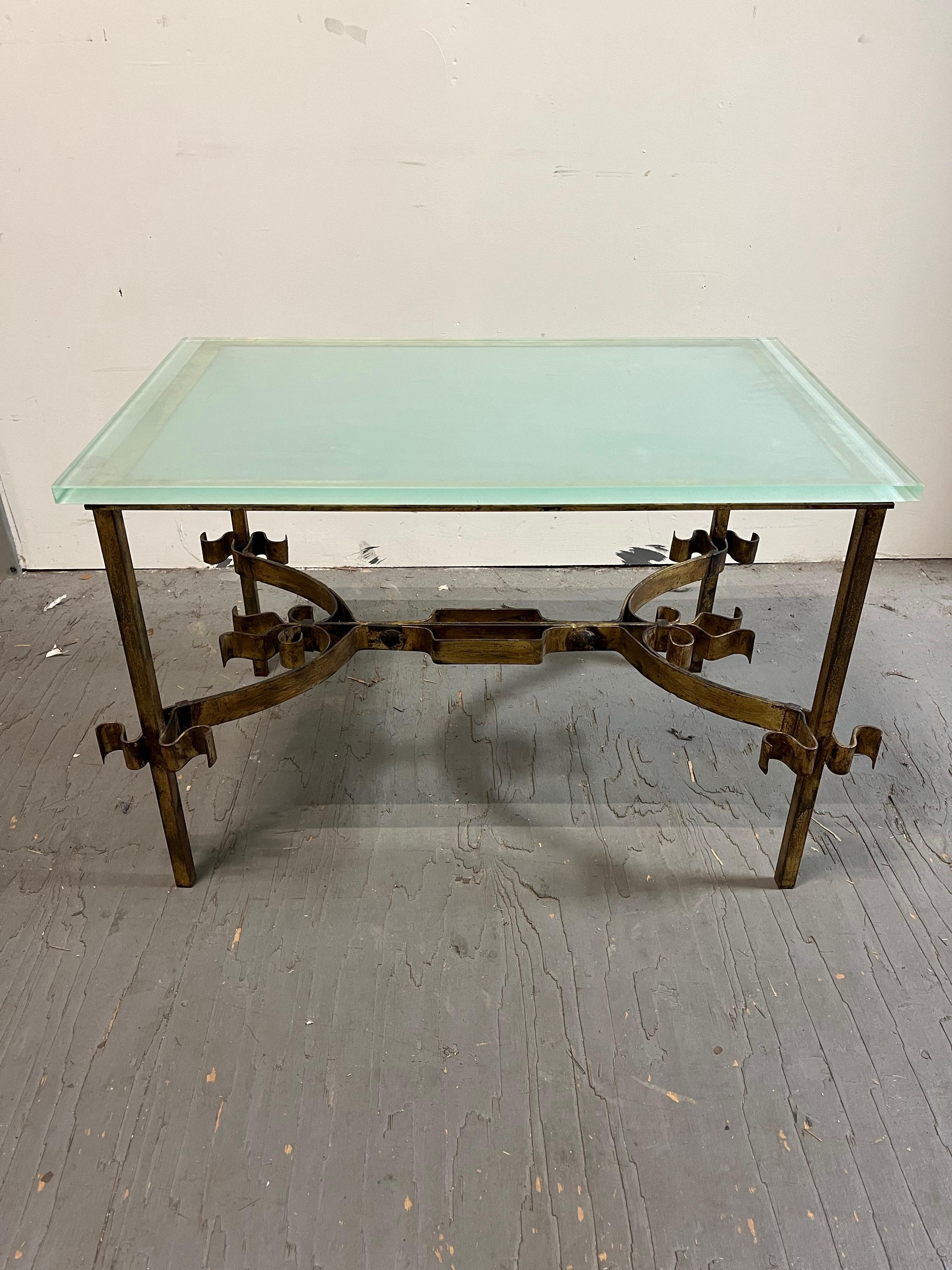 Brutalist Gothic Hollywood Regency Gold Gilt Scrolling Iron Rectangular Glass Coffee Table For Sale