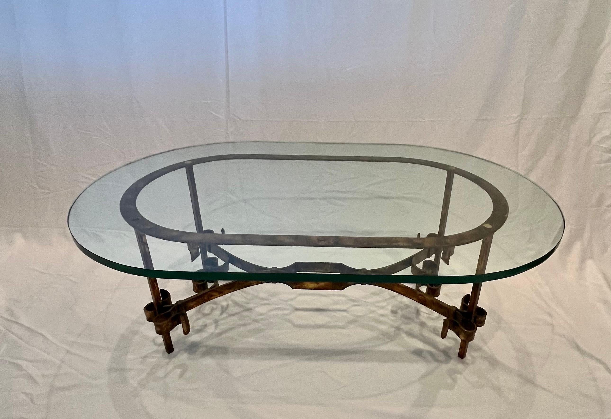 Mid-20th Century Gothic Hollywood Regency Gold Gilt Scrolling Iron Rectangular Glass Coffee Table