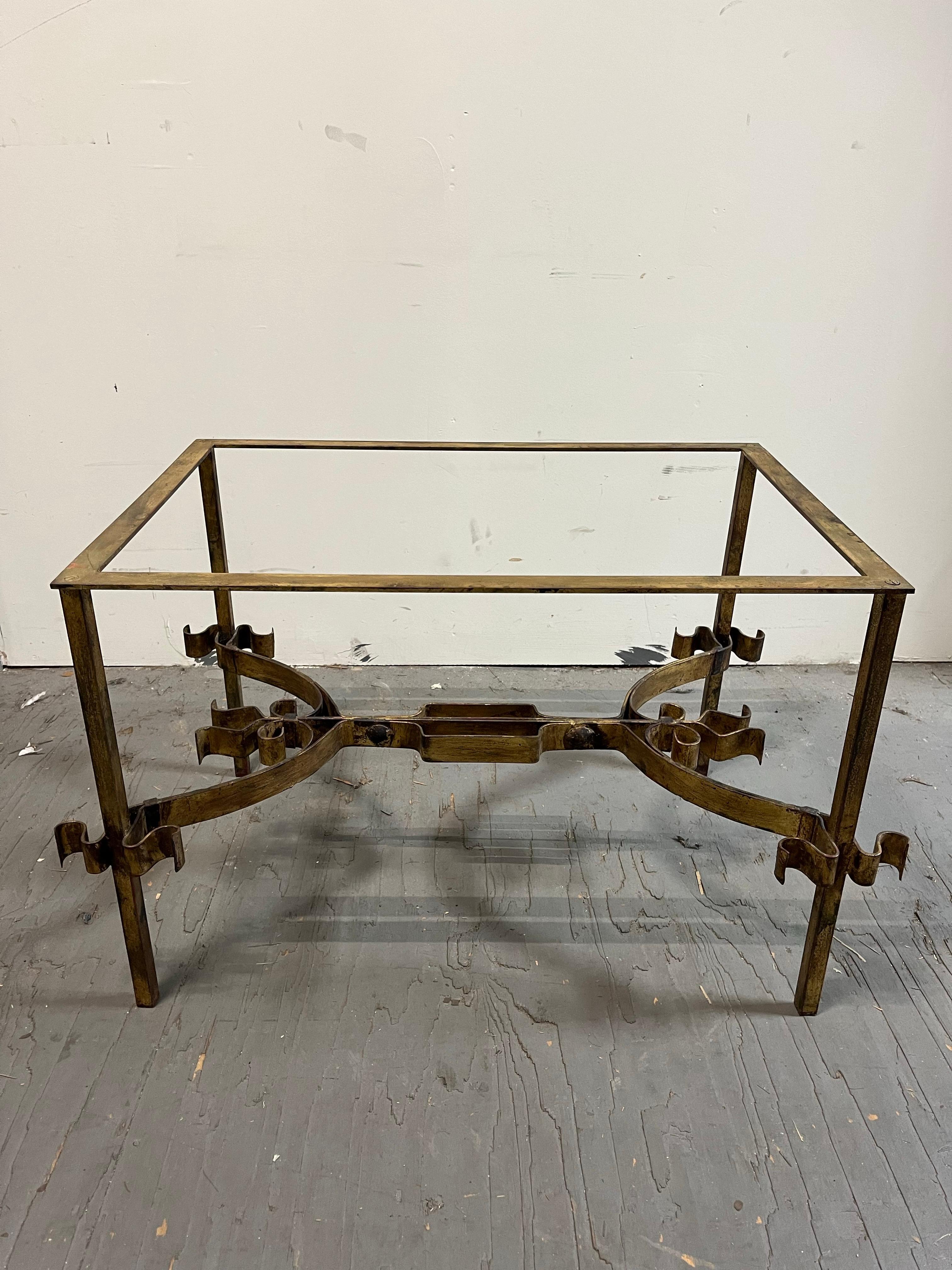 Gothic Hollywood Regency Gold Gilt Scrolling Iron Rectangular Glass Coffee Table For Sale 2