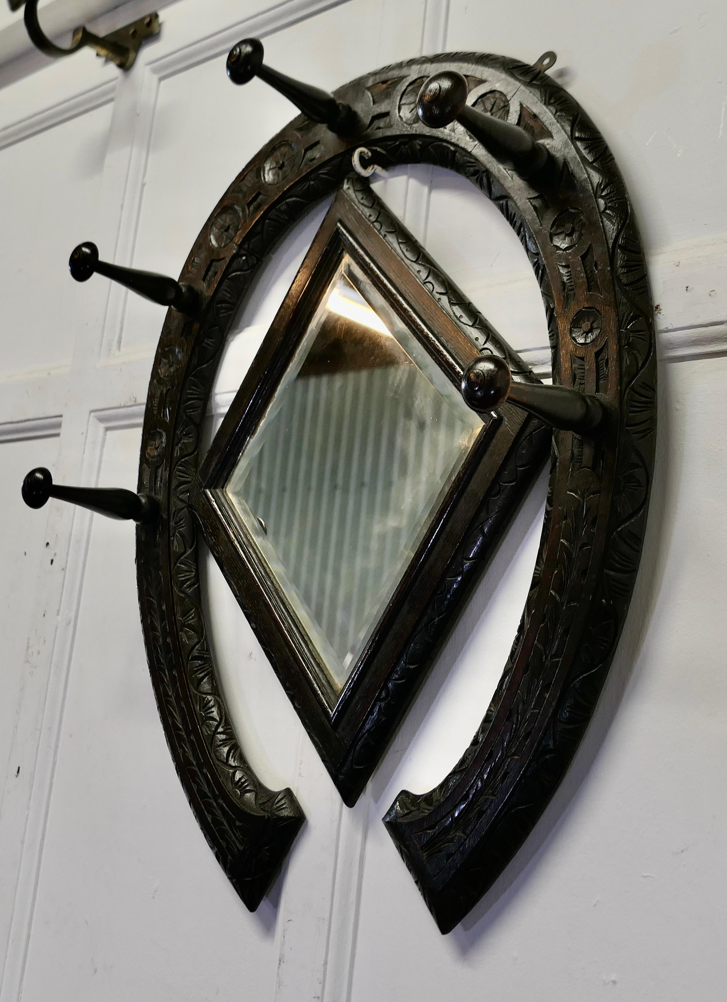 Oak Gothic Horseshoe Coat and Tack Rack with Mirror   A very fine quality piece   For Sale