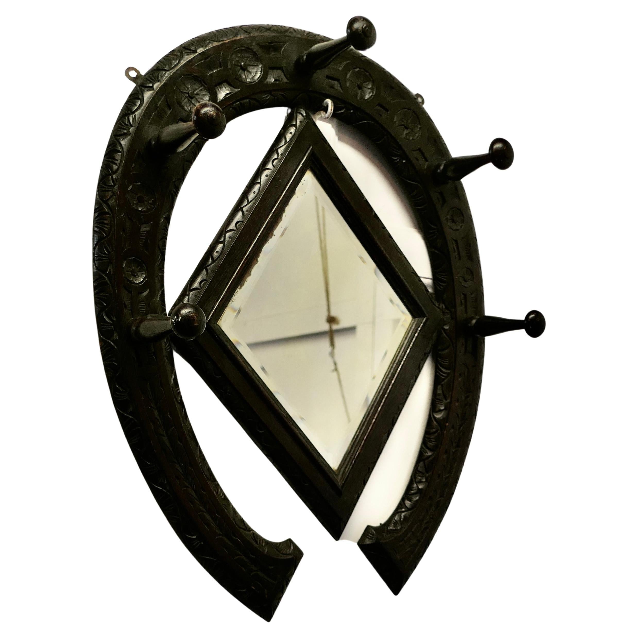 Gothic Horseshoe Coat and Tack Rack with Mirror   A very fine quality piece  