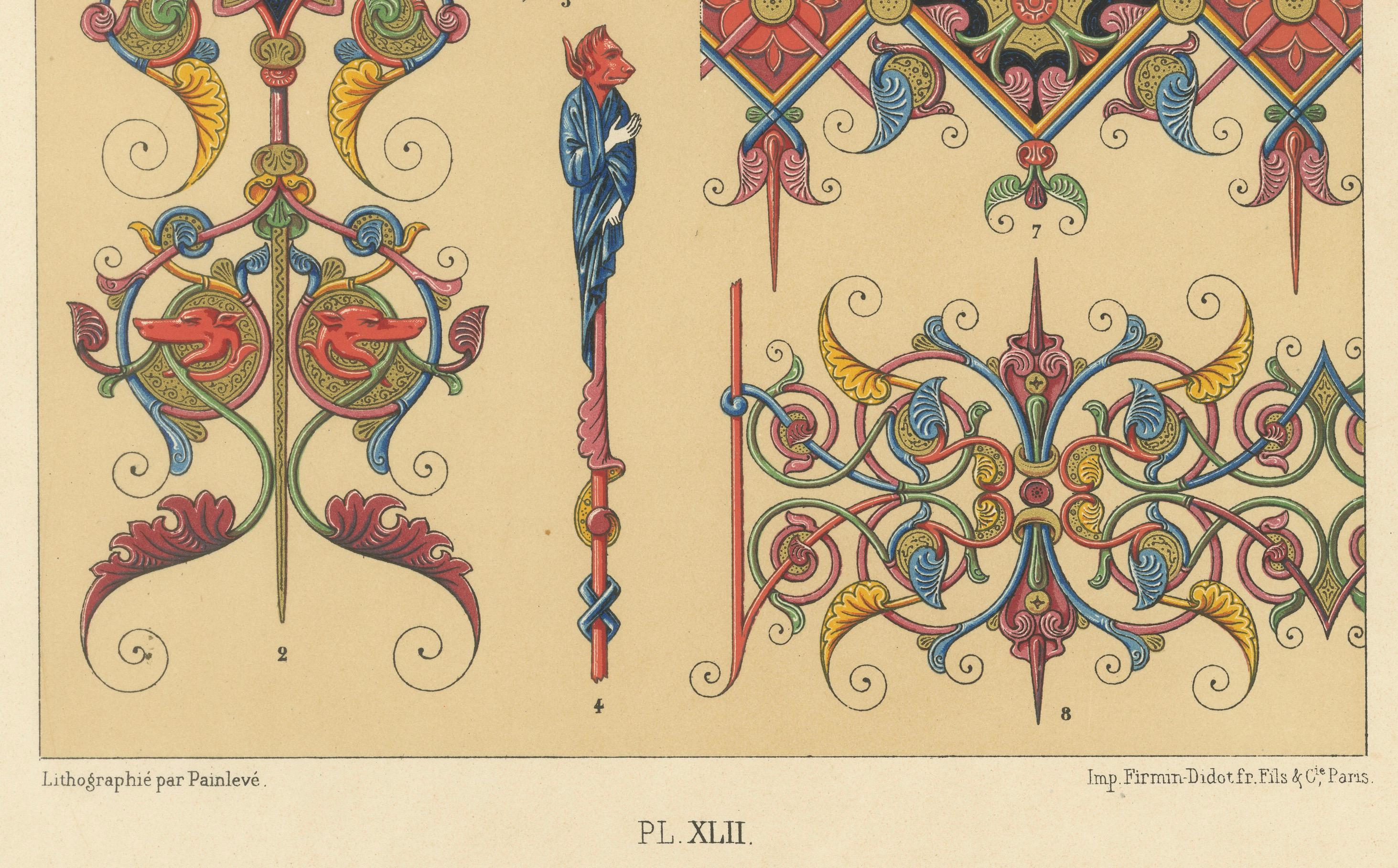 Gothic Illumination-Inspired Ornament – Middle Ages Decorative Designs, c.1869

This vibrant chromolithograph, Plate XLII from *L'Ornement Polychrome*, showcases eight exquisite ornamental motifs derived from the illuminated manuscripts and