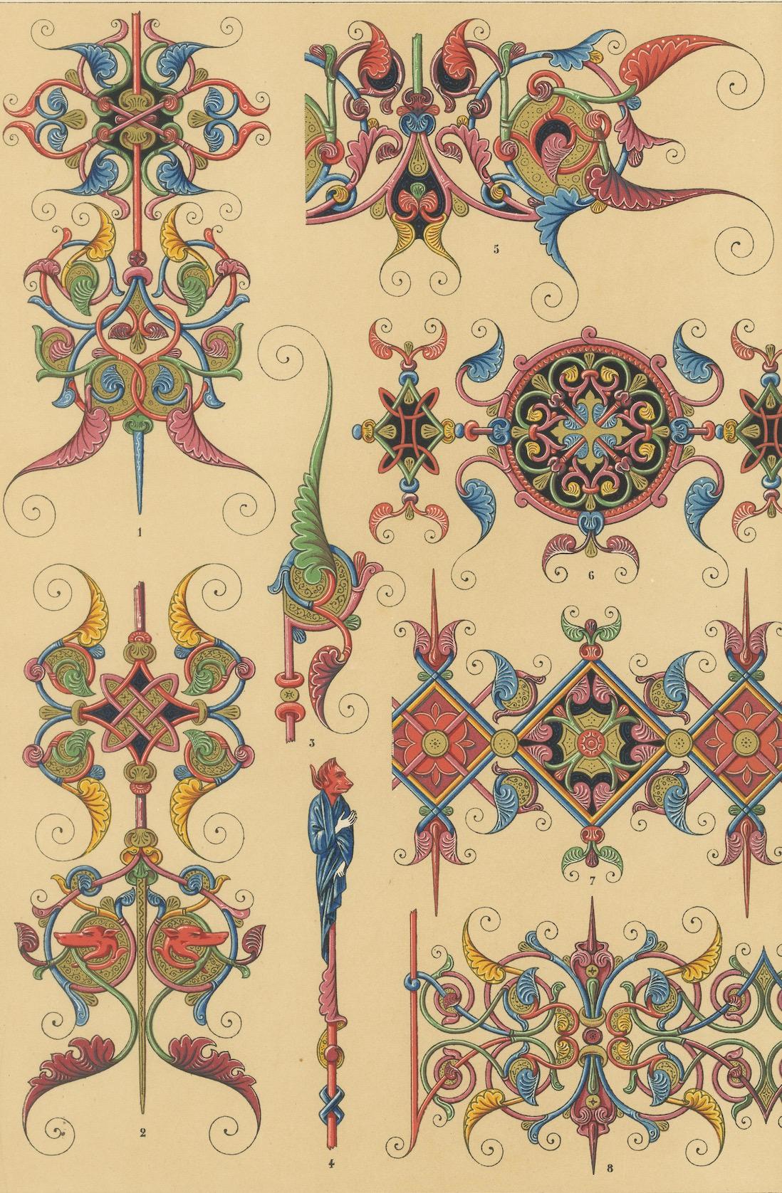 19th Century Gothic Illumination-Inspired Ornament – Middle Ages Decorative Designs, c.1869 For Sale