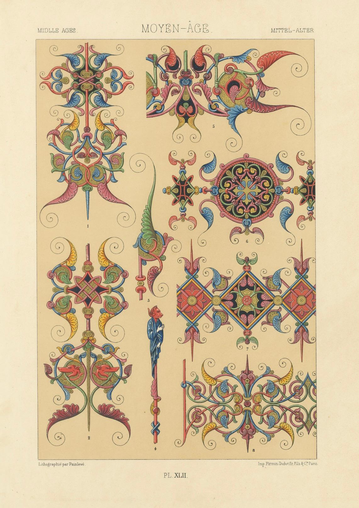 Paper Gothic Illumination-Inspired Ornament – Middle Ages Decorative Designs, c.1869 For Sale