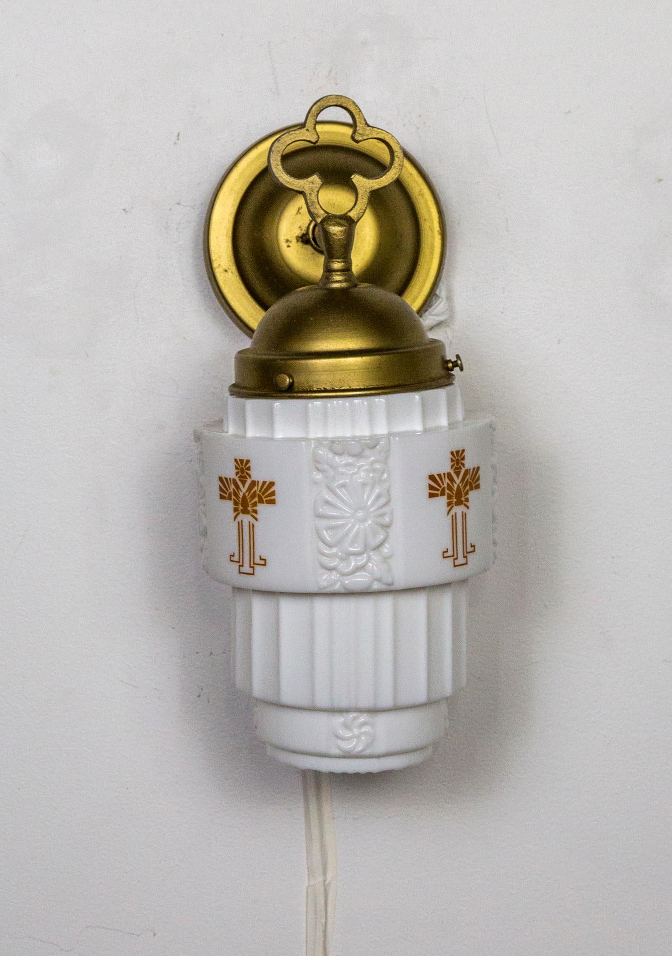 Gothic Influenced Deco Stenciled Glass Sconces 'pair' In Good Condition In San Francisco, CA