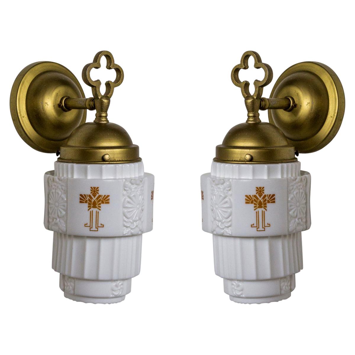 Gothic Influenced Deco Stenciled Glass Sconces 'pair'