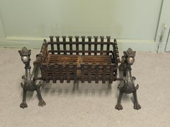 Gothic Inglenook Grate Set on Dragon Andirons These are heavy Iron Andirons