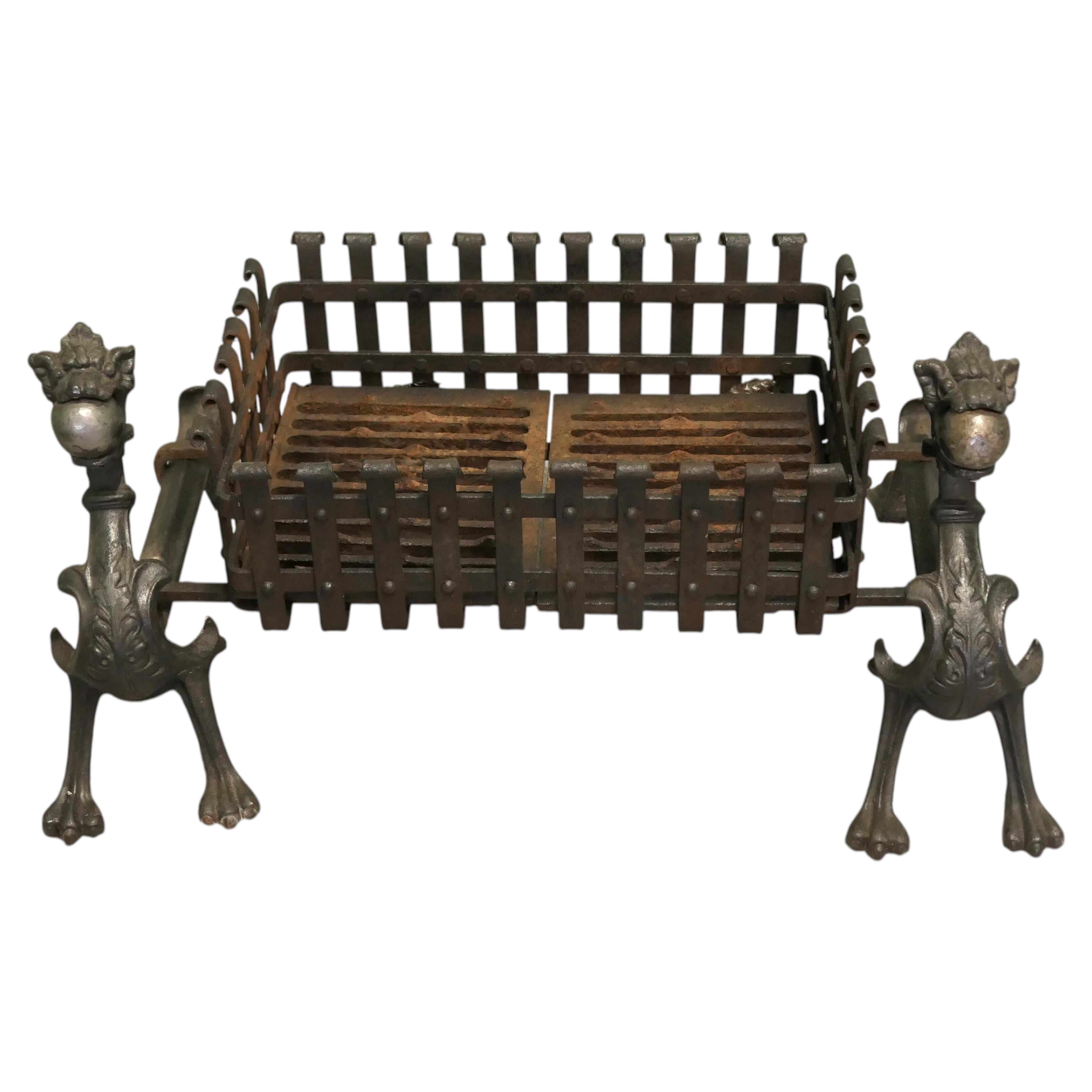 Gothic Inglenook Grate Set on Dragon Andirons These are heavy Iron Andirons