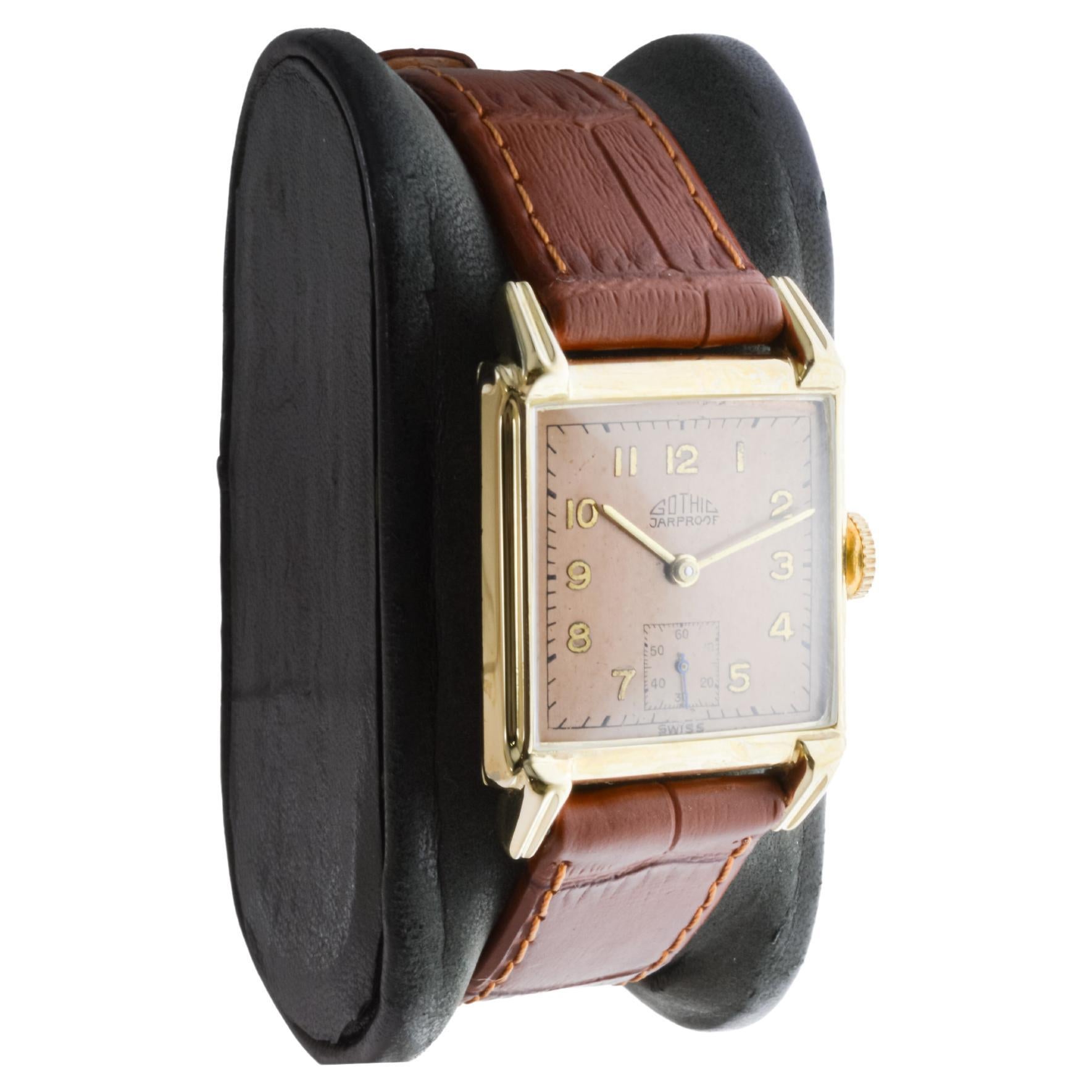 FACTORY / HOUSE: Gothic Jarproof Watch Company
STYLE / REFERENCE: Art Deco / Tank Style 
METAL / MATERIAL: Yellow Gold Filled
CIRCA / YEAR: 1940's
DIMENSIONS / SIZE: Length 36mm X Width 24mm
MOVEMENT / CALIBER: Manual Winding / 17 Jewels 
DIAL /