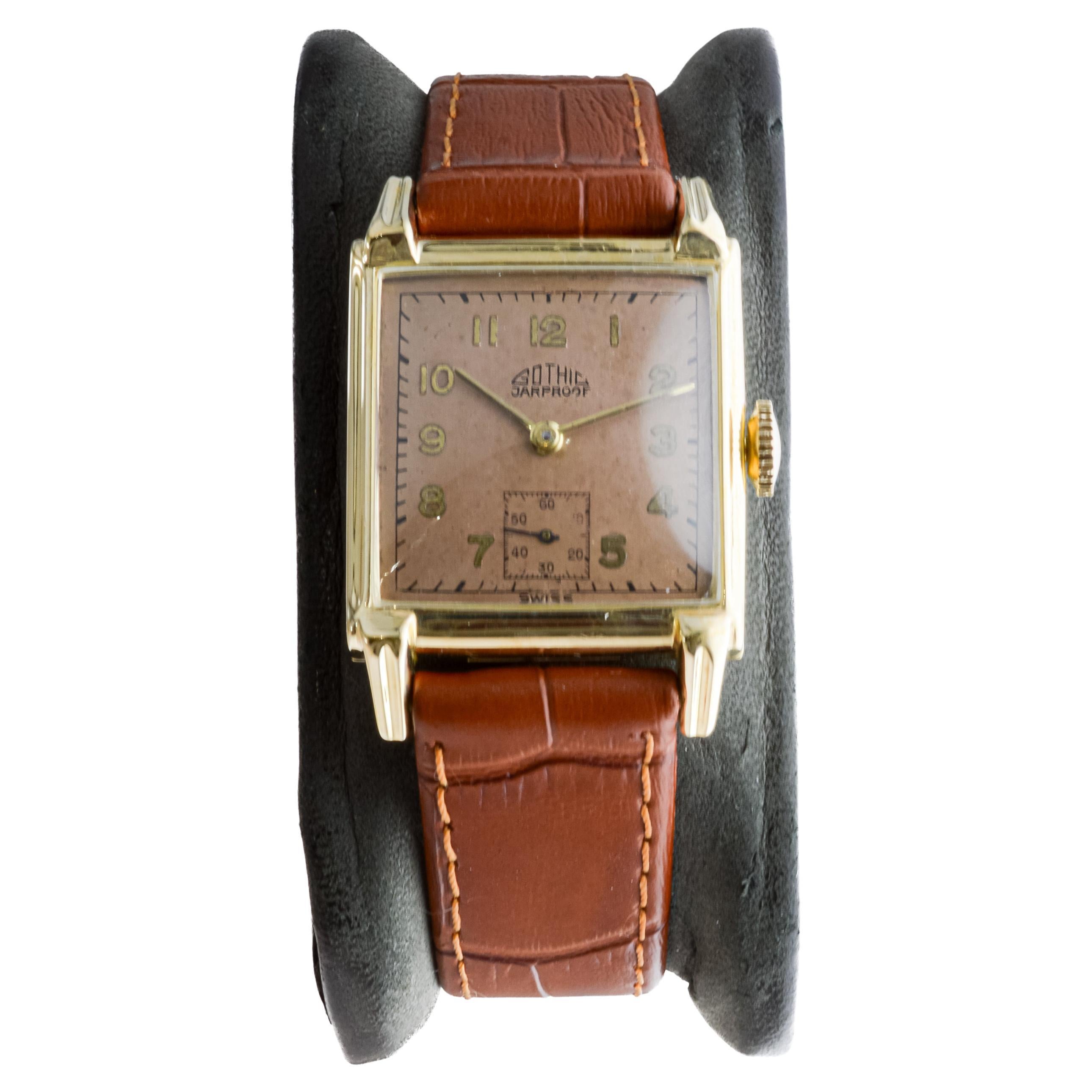 Gothic "Jarproof" Gold gefüllt Art Deco Tank Uhr circa 1940's Original Zifferblatt