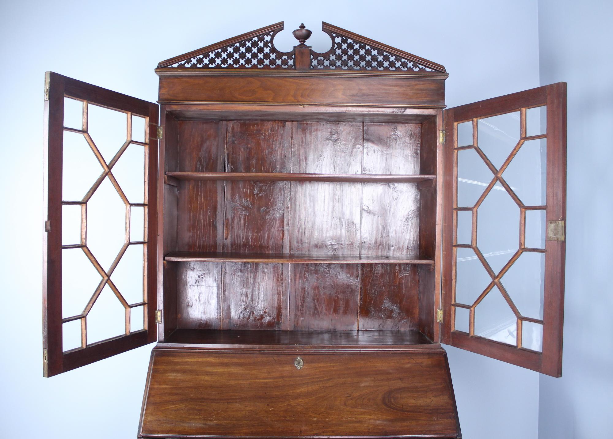 English Gothic Mahogany Secretaire and Bookcase, Original Glass For Sale