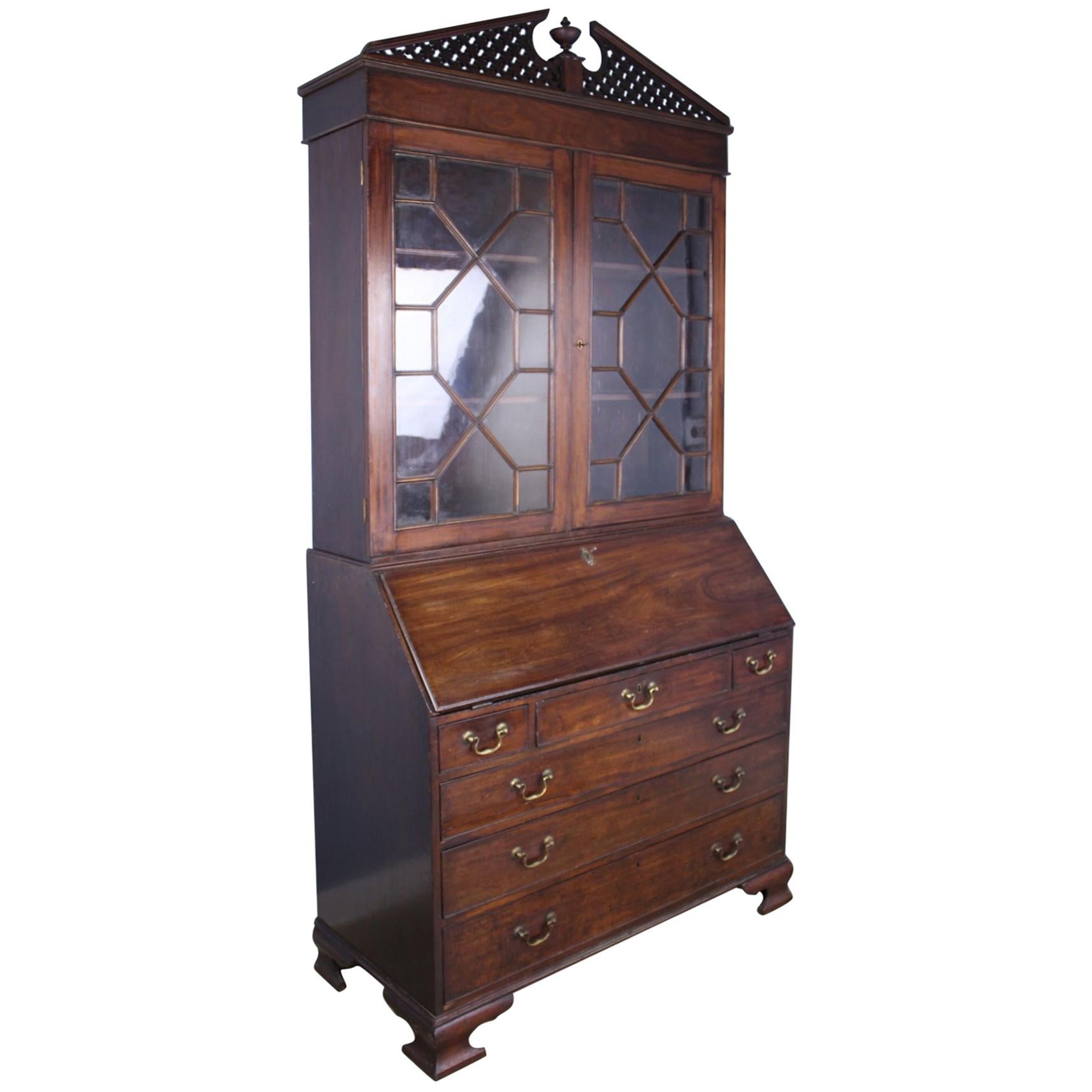 Gothic Mahogany Secretaire and Bookcase, Original Glass For Sale