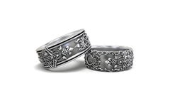 Gothic Matching Wedding Bands Set – Ornate Wide Band Silver 935 Wedding Rings