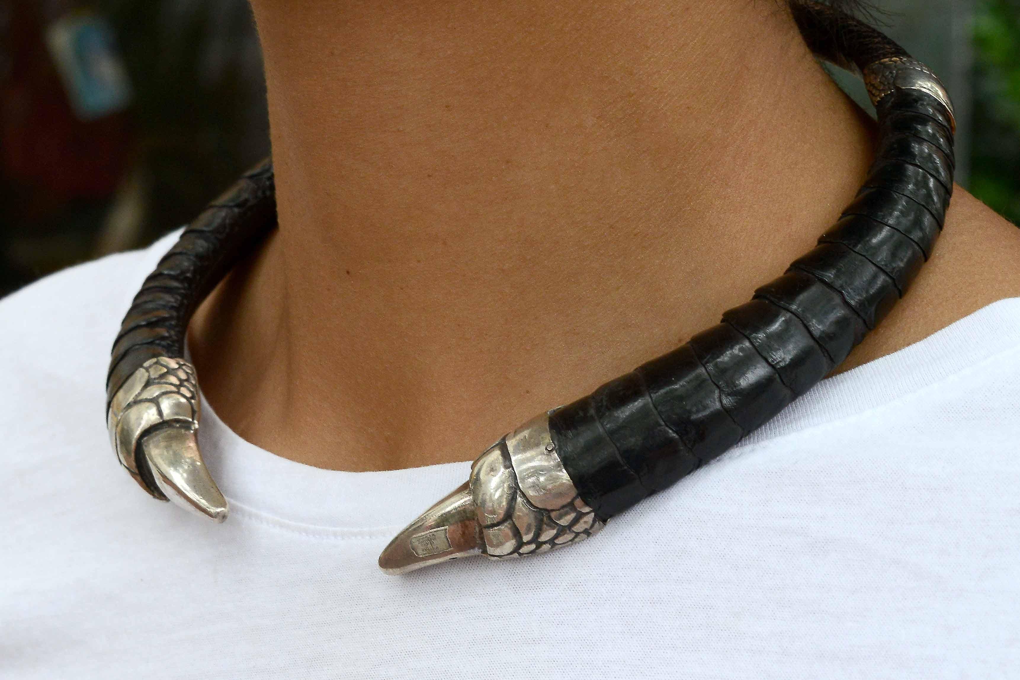 Gothic Revival Gothic Medieval Style Silver & Leather Bird Talon Choker For Sale
