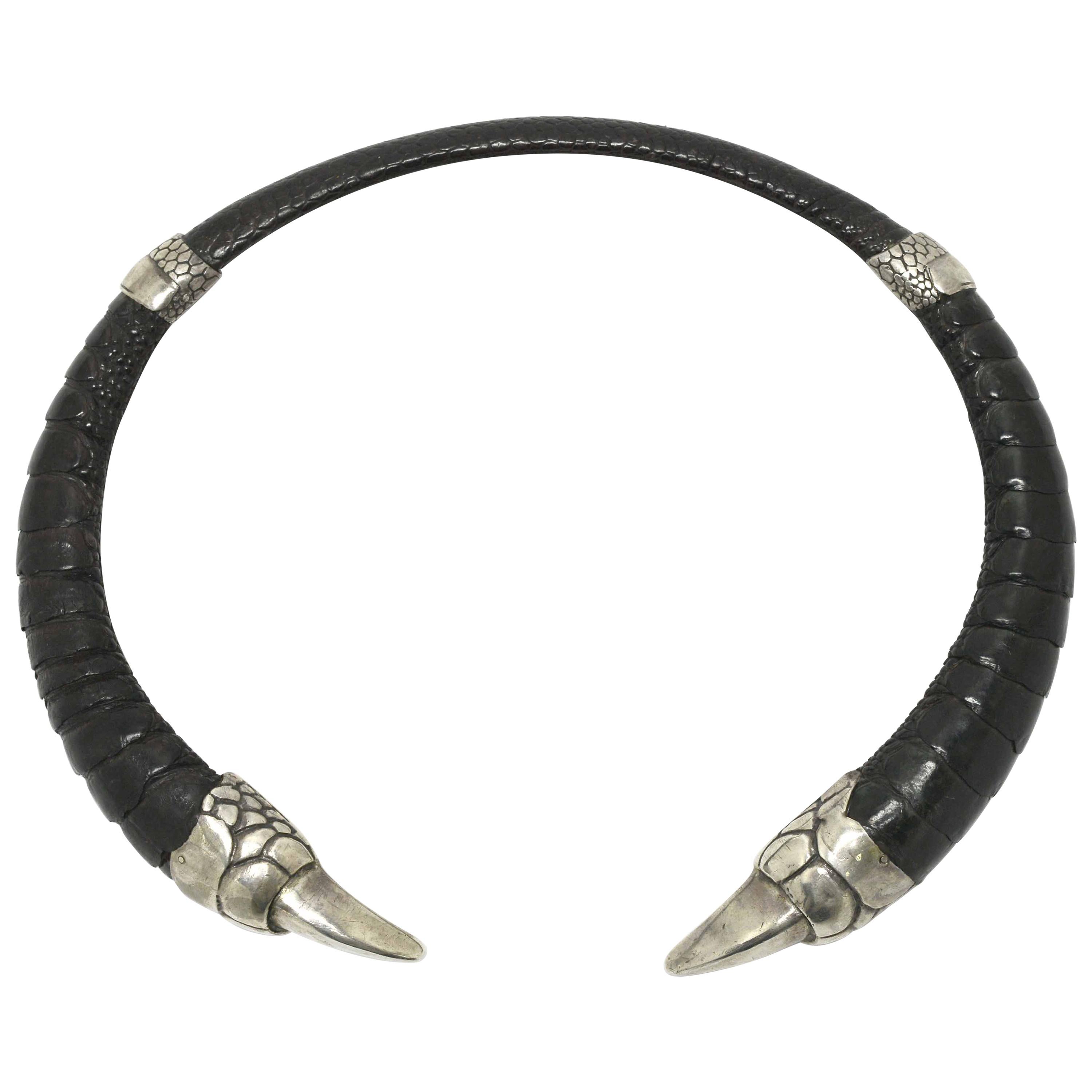 Gothic Medieval Style Silver & Leather Bird Talon Choker For Sale