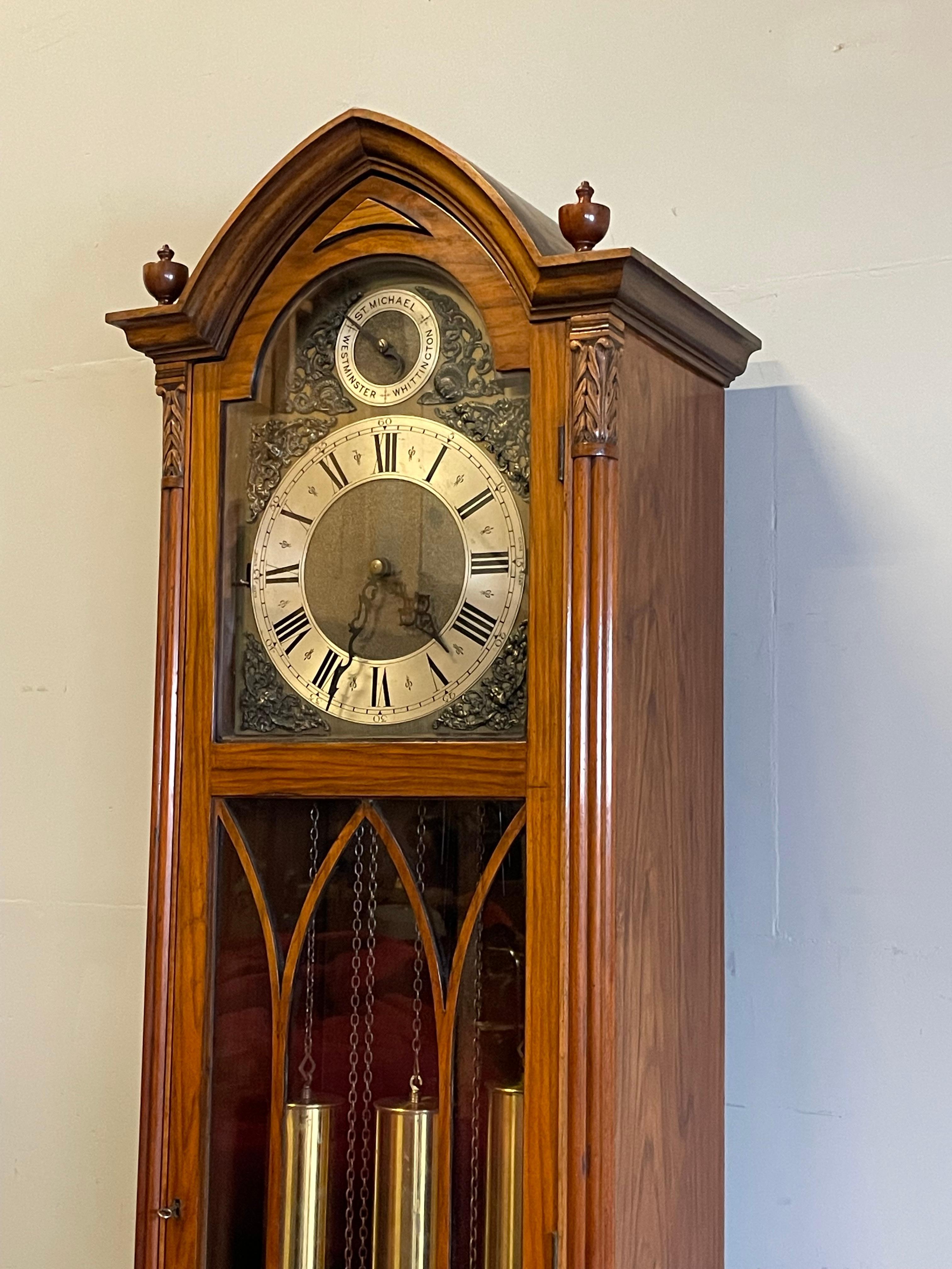Gothic Nutwood Grandfather Clock w. Engraved Silver Masonic Provenance ...