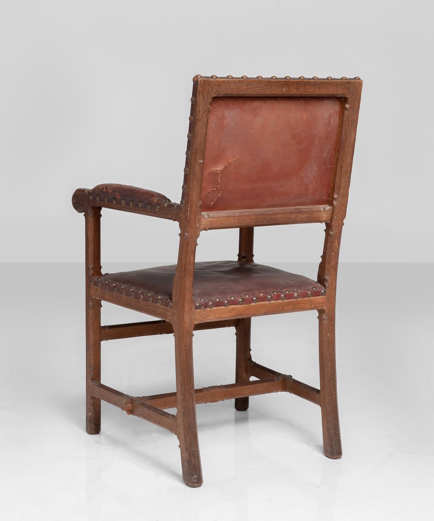 English Gothic Oak and Leather Armchair, England, circa 1860