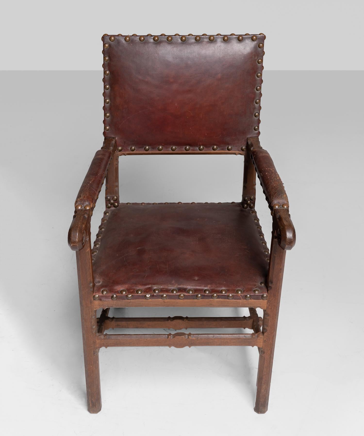 Gothic Oak and Leather Armchair, England, circa 1860 In Good Condition In Culver City, CA