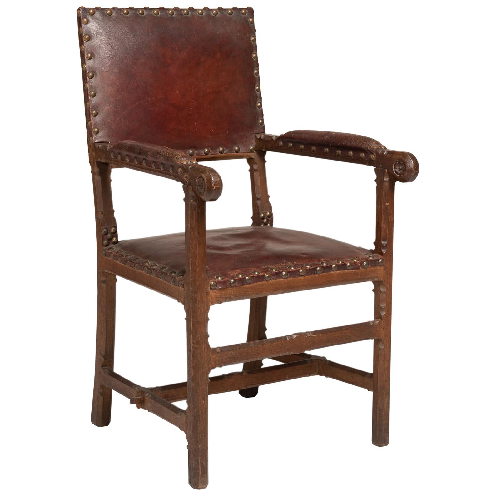 Gothic Oak and Leather Armchair, England, circa 1860