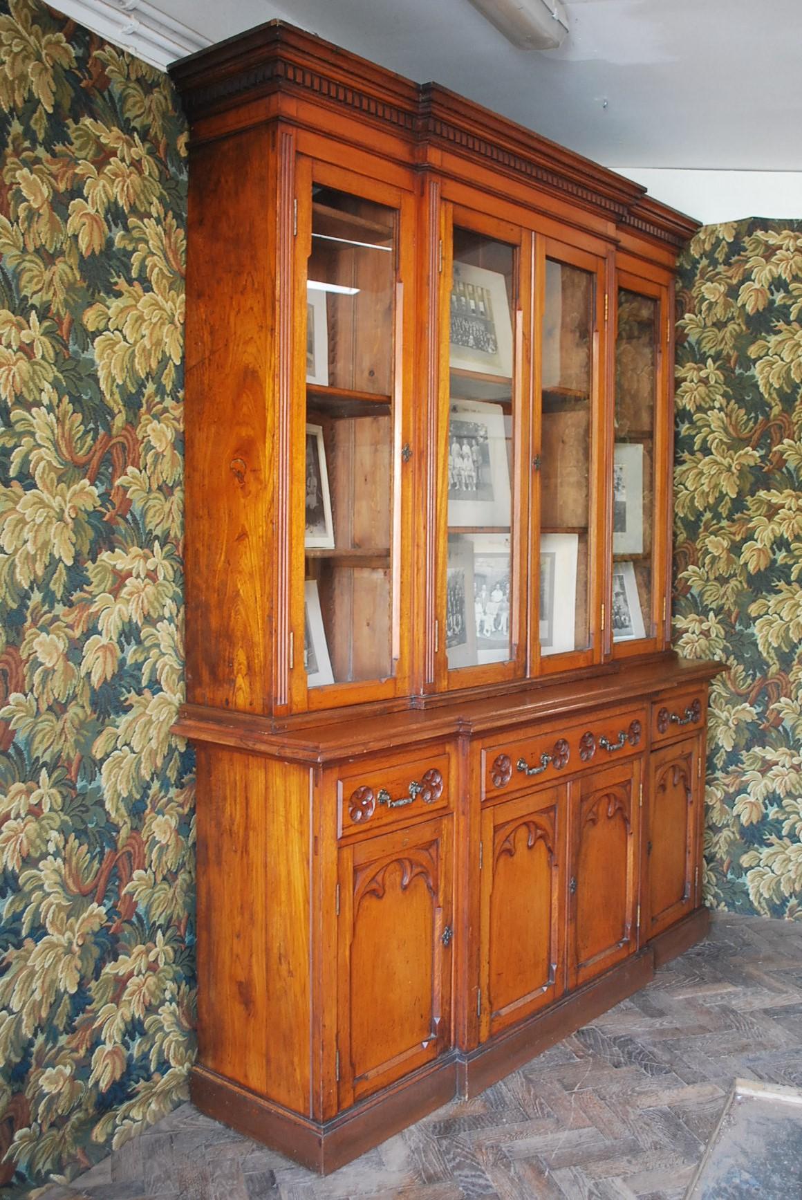 Oak Gothic oak breakfront bookcase For Sale