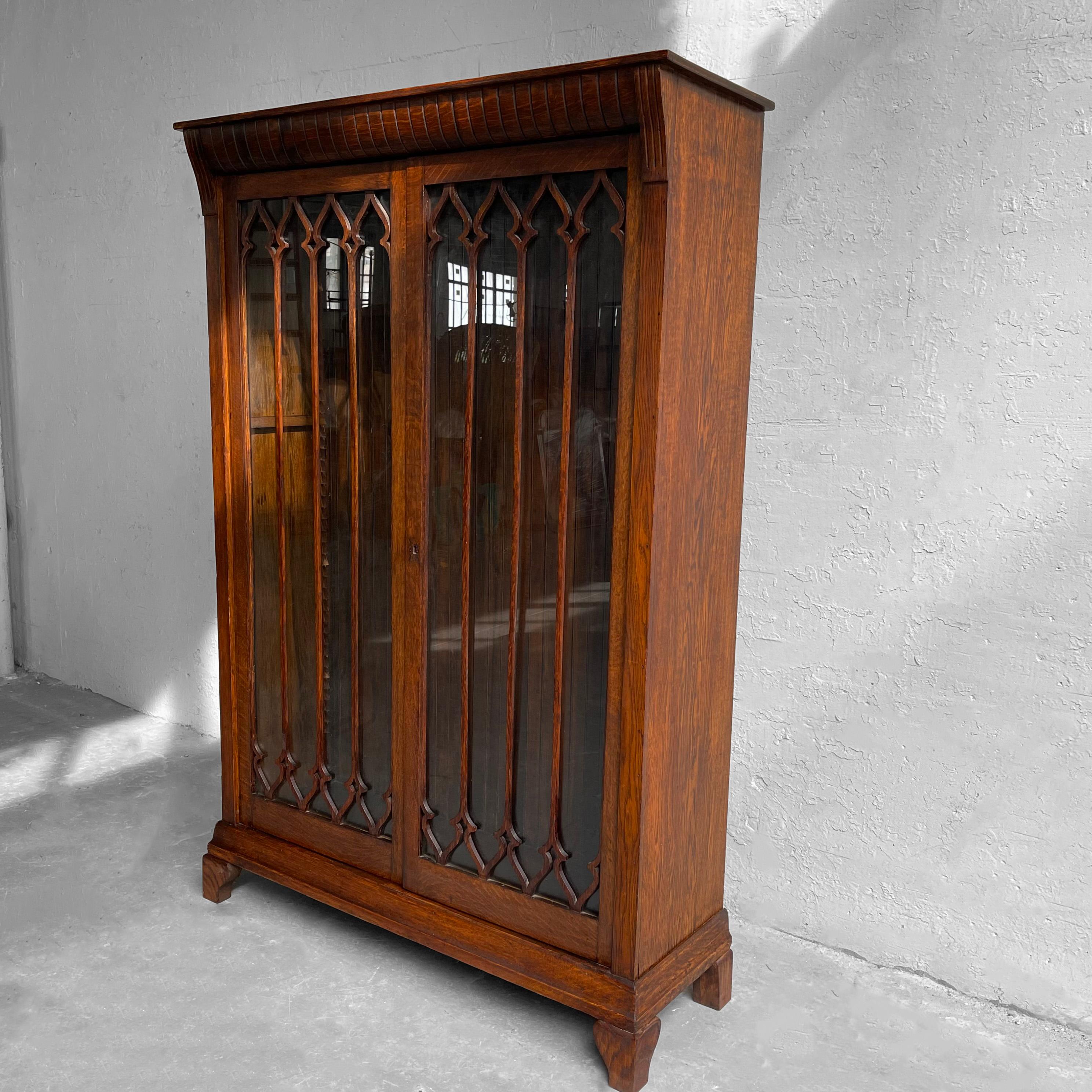 American Gothic Oak Glass Front Display Cabinet For Sale