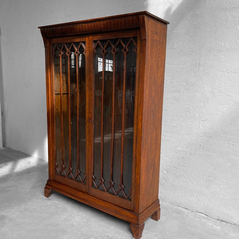 Gothic Oak Glass Front Display Cabinet For Sale 1