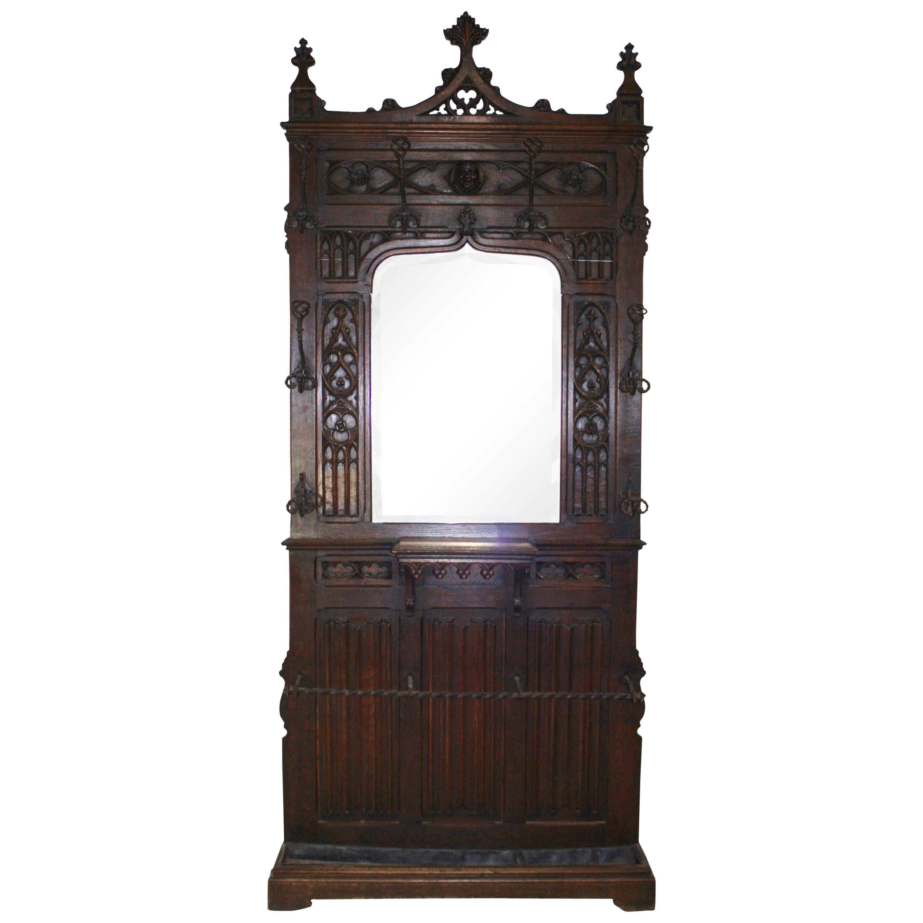 Gothic Oak Hall Stand with Mirror, circa 1895 For Sale