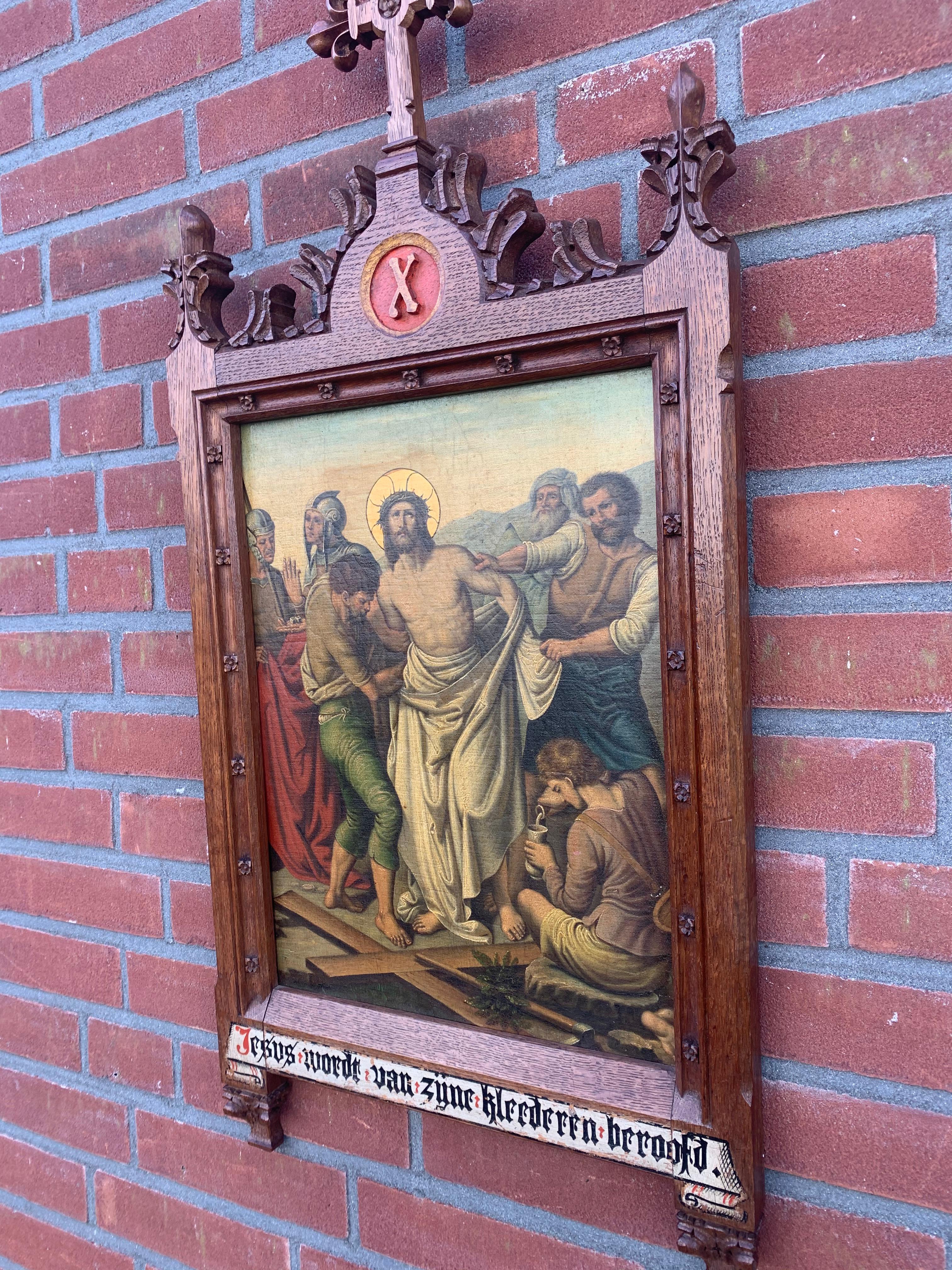 Another stunning, hand painted, oil on canvas, work of religious art.
 
This antique oil painting was first hand painted on canvas and later glued to a zinc backplate which is one way of keeping the painting in the best possible condition over a