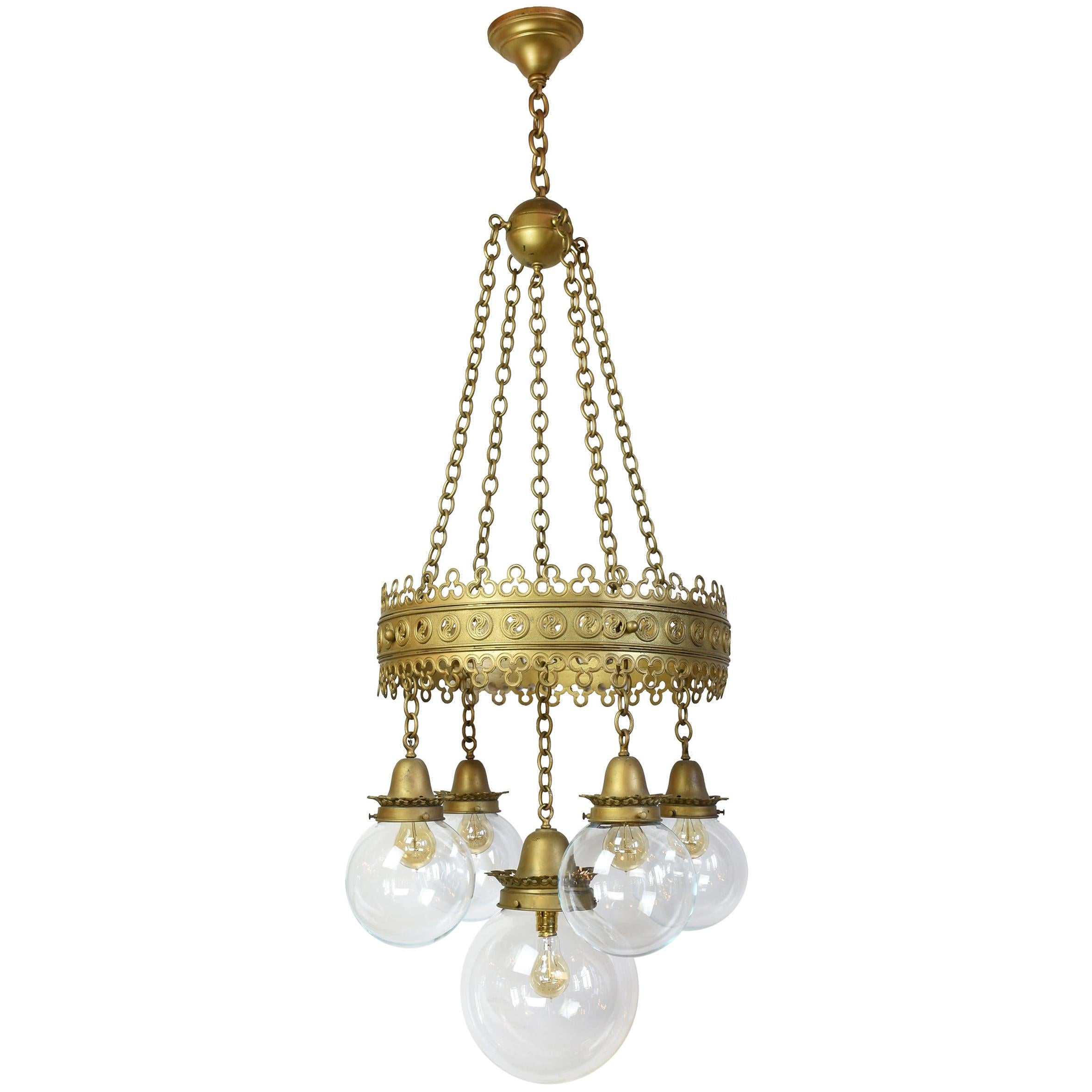 Wonderful Antique Two Light Brass Chandelier, Original Milk Wonderful Antique Two Light Brass Chandelier, Original Milk