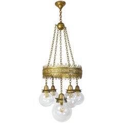 Antique Gothic Pendant Fixture with Decorative Ring and Original Glass