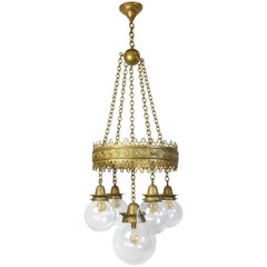 Gothic Pendant Fixture with Decorative Ring and Original Glass