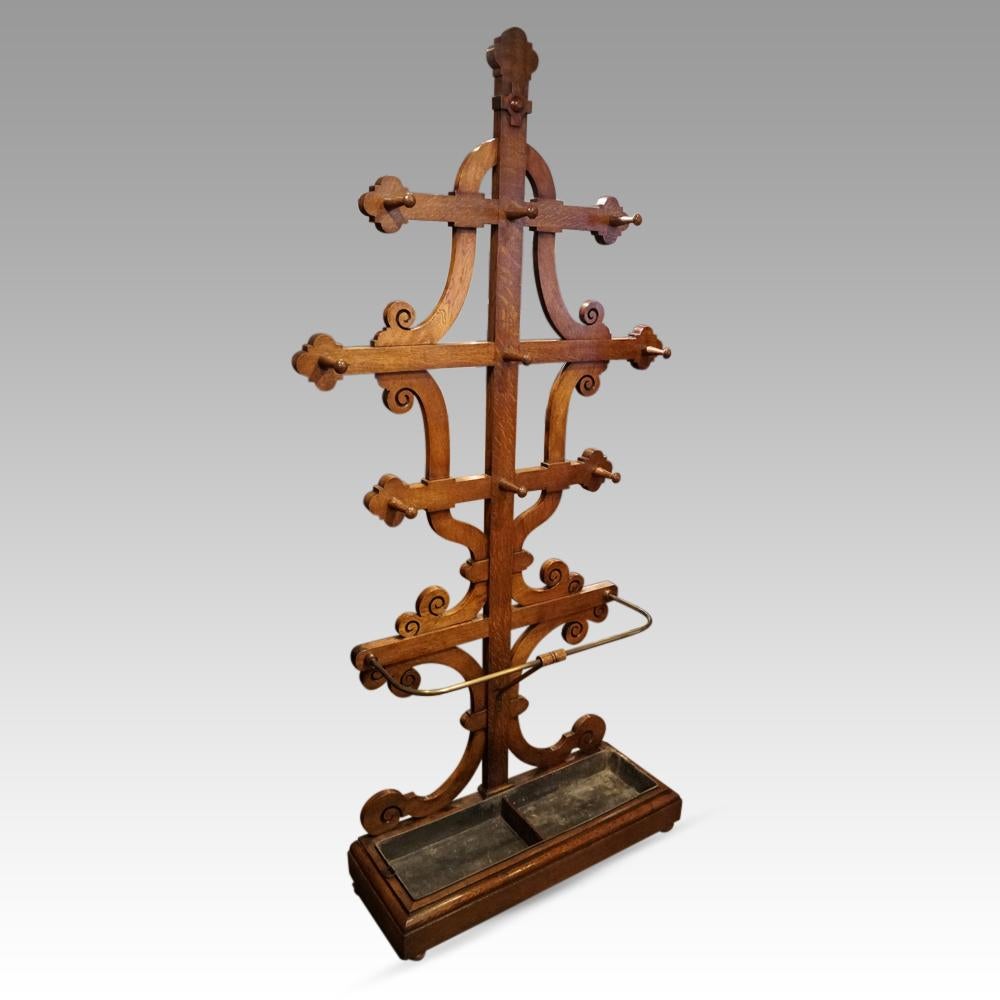 Victorian Gothic oak hallstand having the influence of Pugin
This Antique Gothic oak hallstand was made circa 1880.
This hallstand is a rare design and is particularly attractive with its Gothic influence.
Having multiple turned oak coat and hat