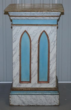 Gothic Pugin Vintage Faux Marble Painted Large Pedestal Plinth for Marble Bust