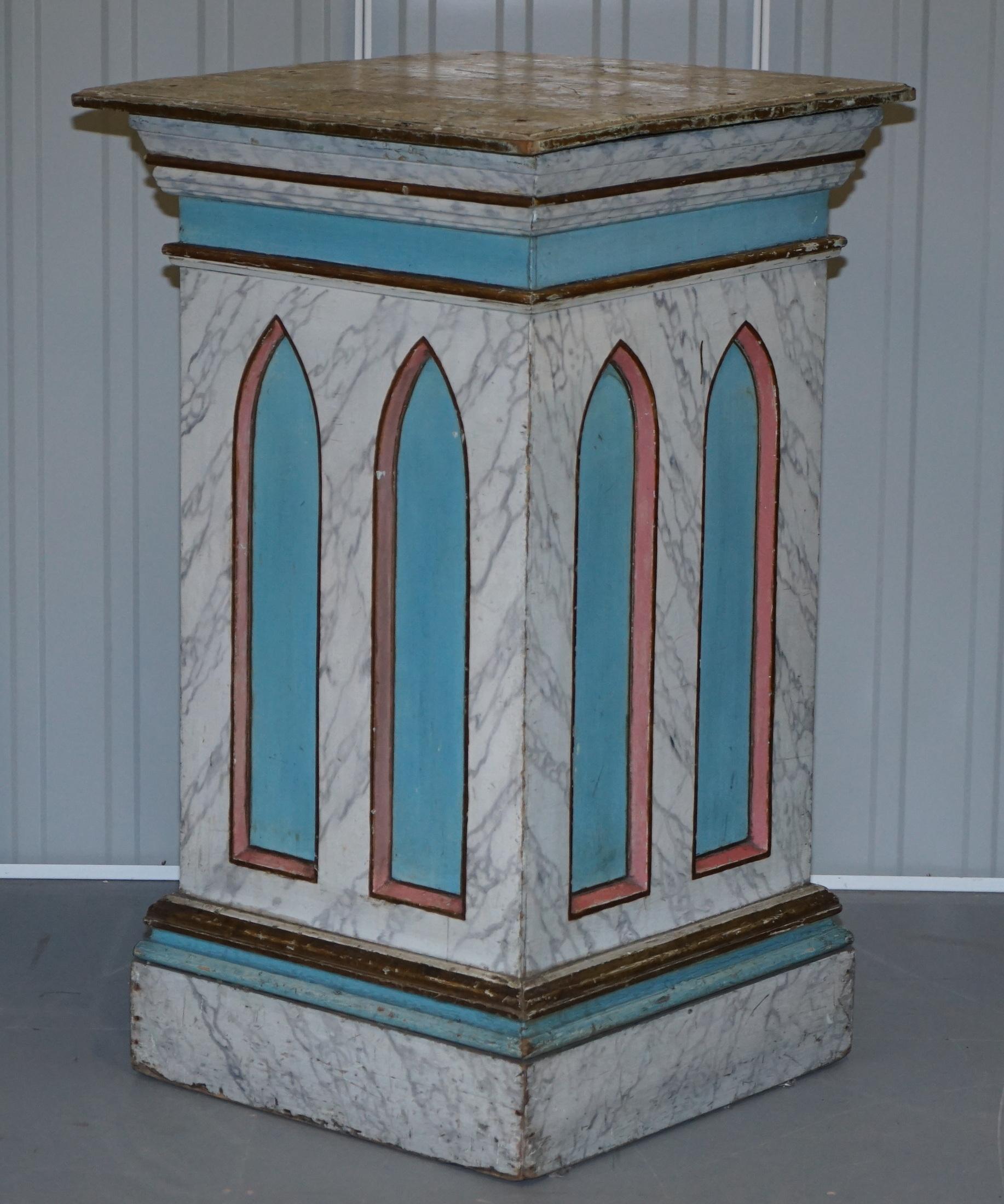 English Gothic Pugin Vintage Faux Marble Painted Large Pedestal Plinth for Marble Bust For Sale