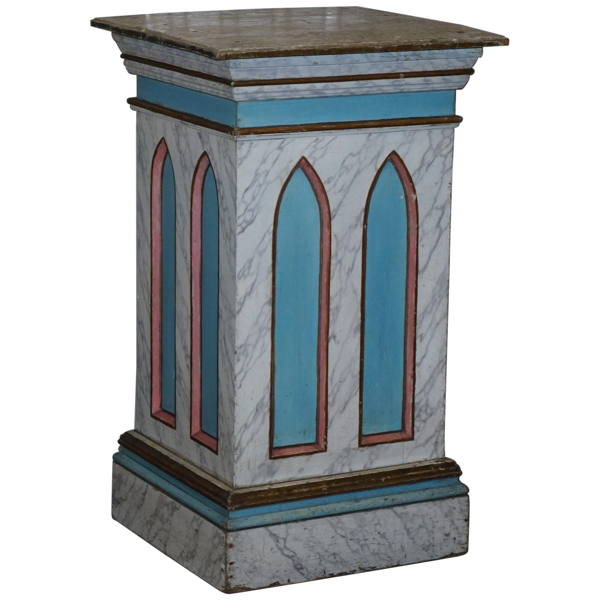 Gothic Pugin Vintage Faux Marble Painted Large Pedestal Plinth for Marble Bust For Sale