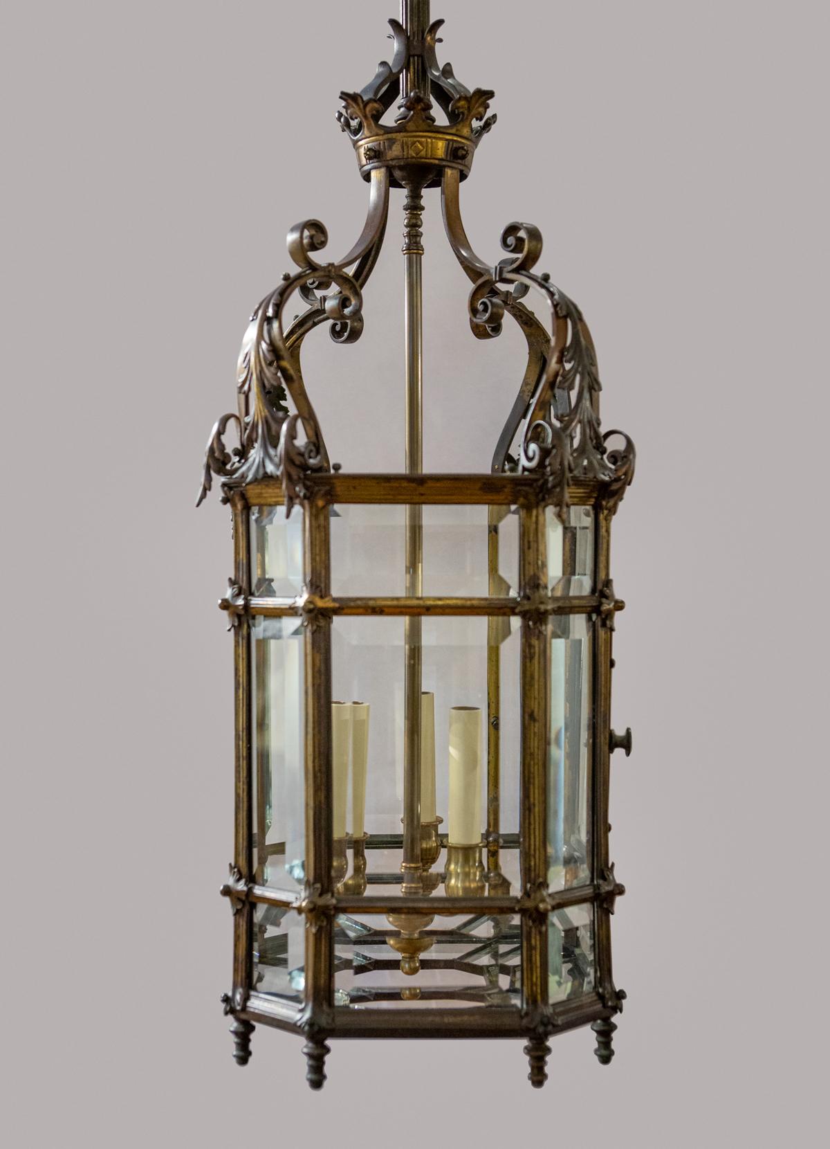 Beveled Gothic Reform Bronze Lantern For Sale