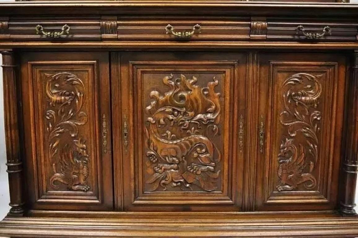 19th Century Gothic Renaissance Revival Carved Walnut Dragon Griffin Sideboard Buffet Cabinet For Sale