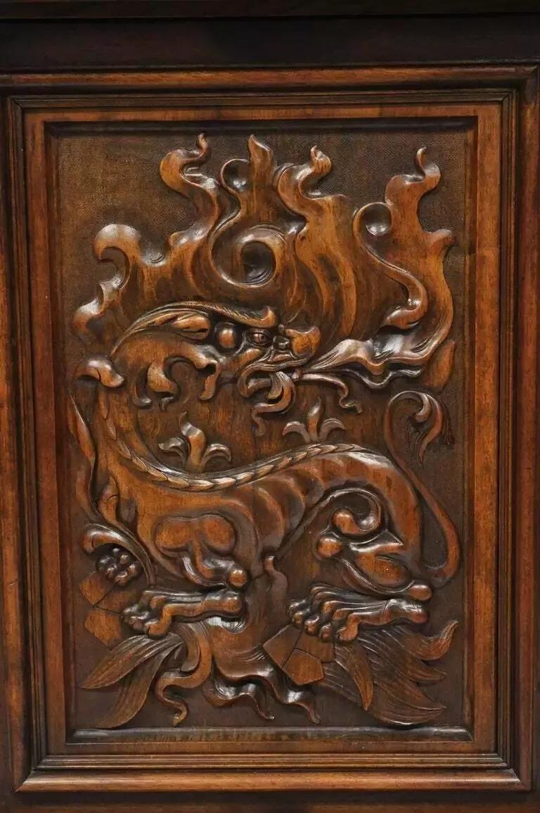 Gothic Renaissance Revival Carved Walnut Dragon Griffin Sideboard Buffet Cabinet For Sale 1