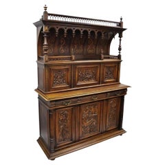 Gothic Renaissance Revival Carved Walnut Dragon Griffin Sideboard Buffet Cabinet