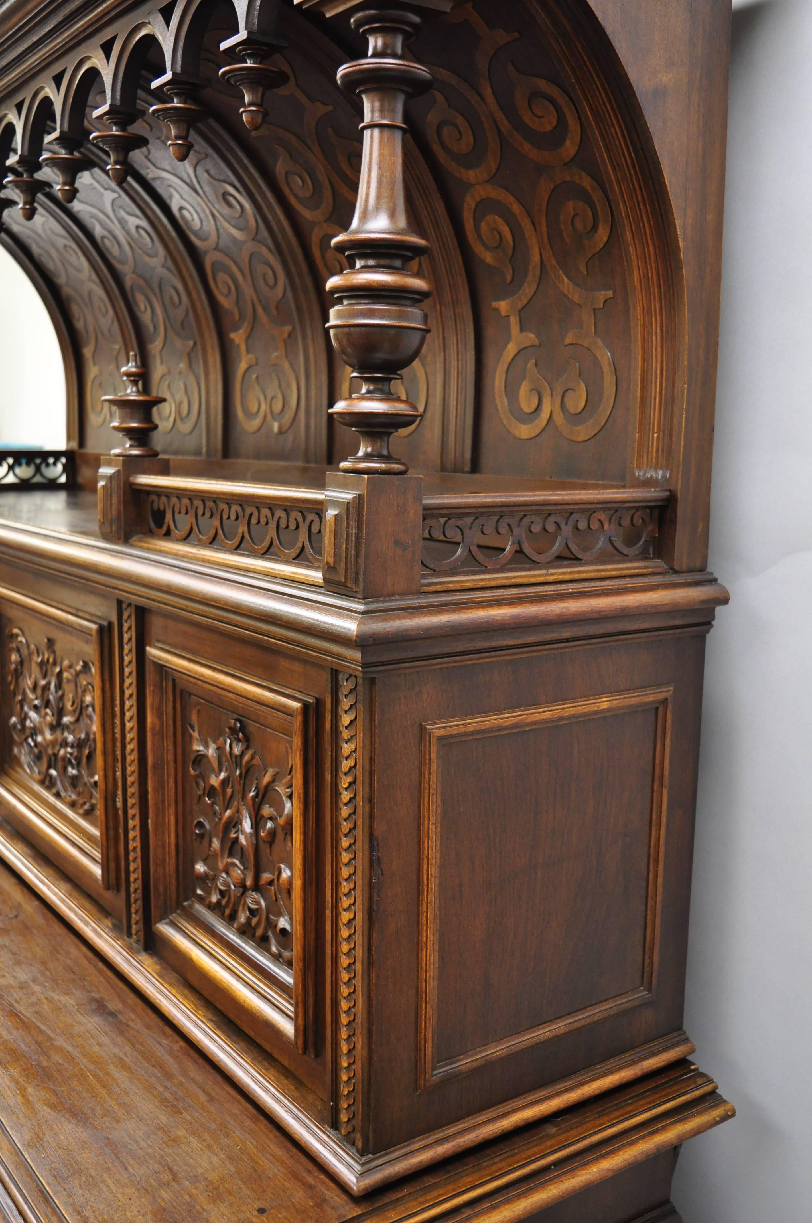 Gothic Renaissance Revival Carved Walnut Dragon Griffin Sideboard Hutch Cabinet For Sale 1