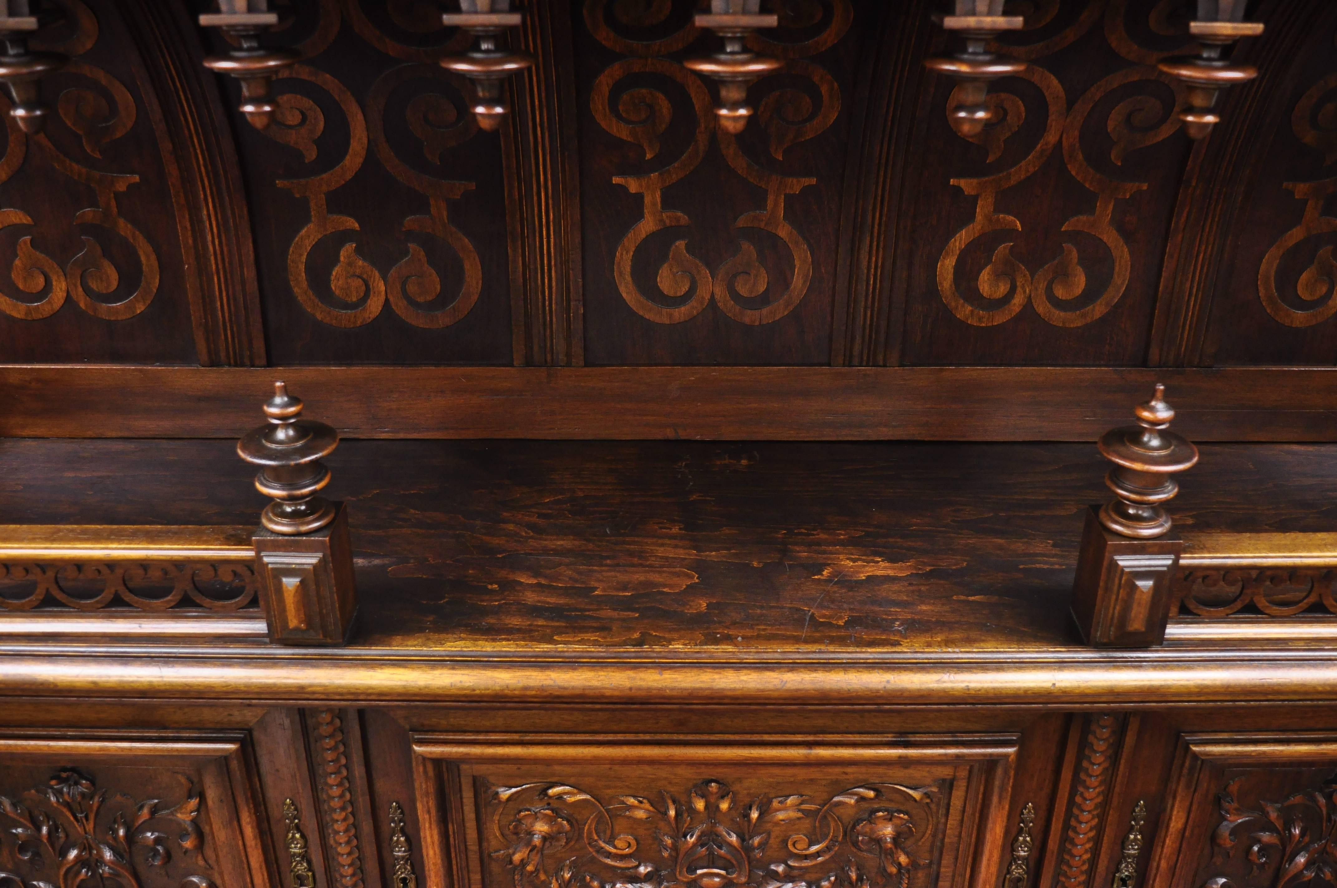 Gothic Renaissance Revival Carved Walnut Dragon Griffin Sideboard Hutch Cabinet For Sale 4
