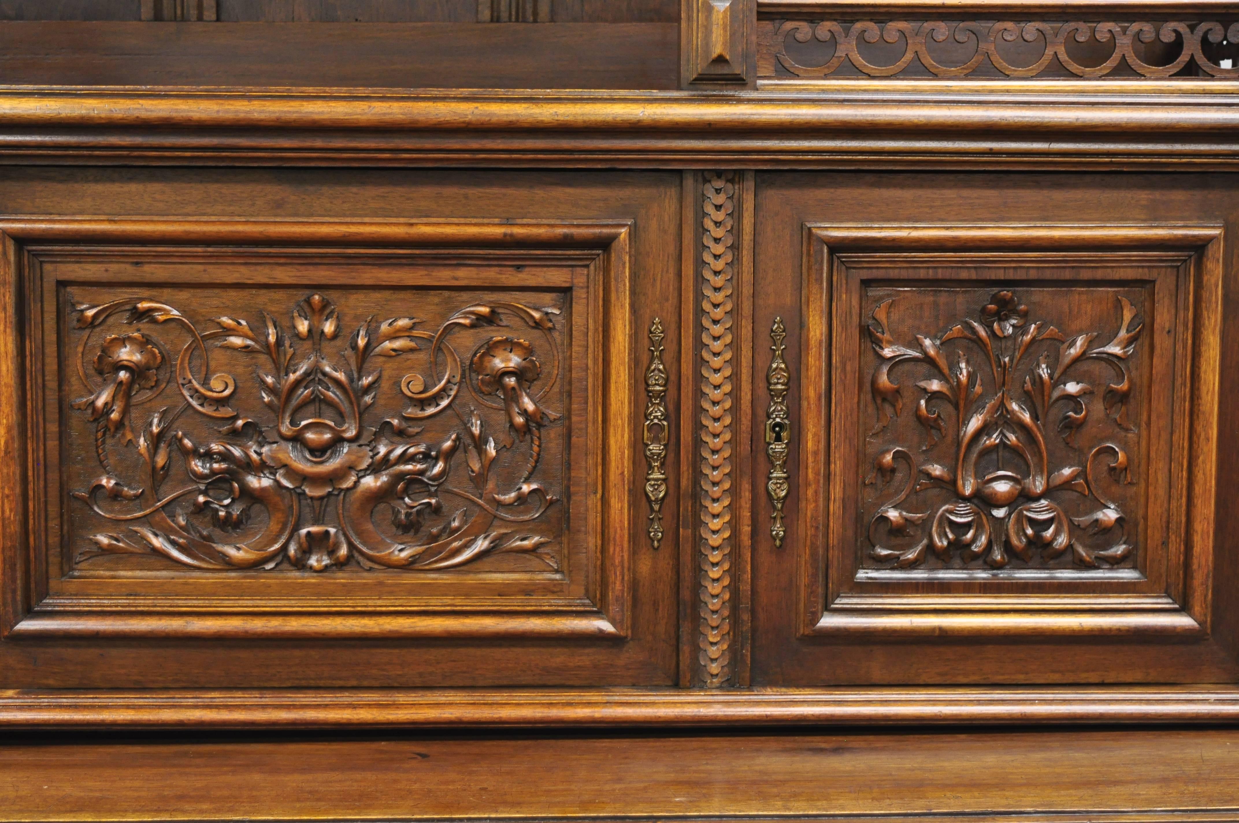 Gothic Renaissance Revival Carved Walnut Dragon Griffin Sideboard Hutch Cabinet For Sale 7