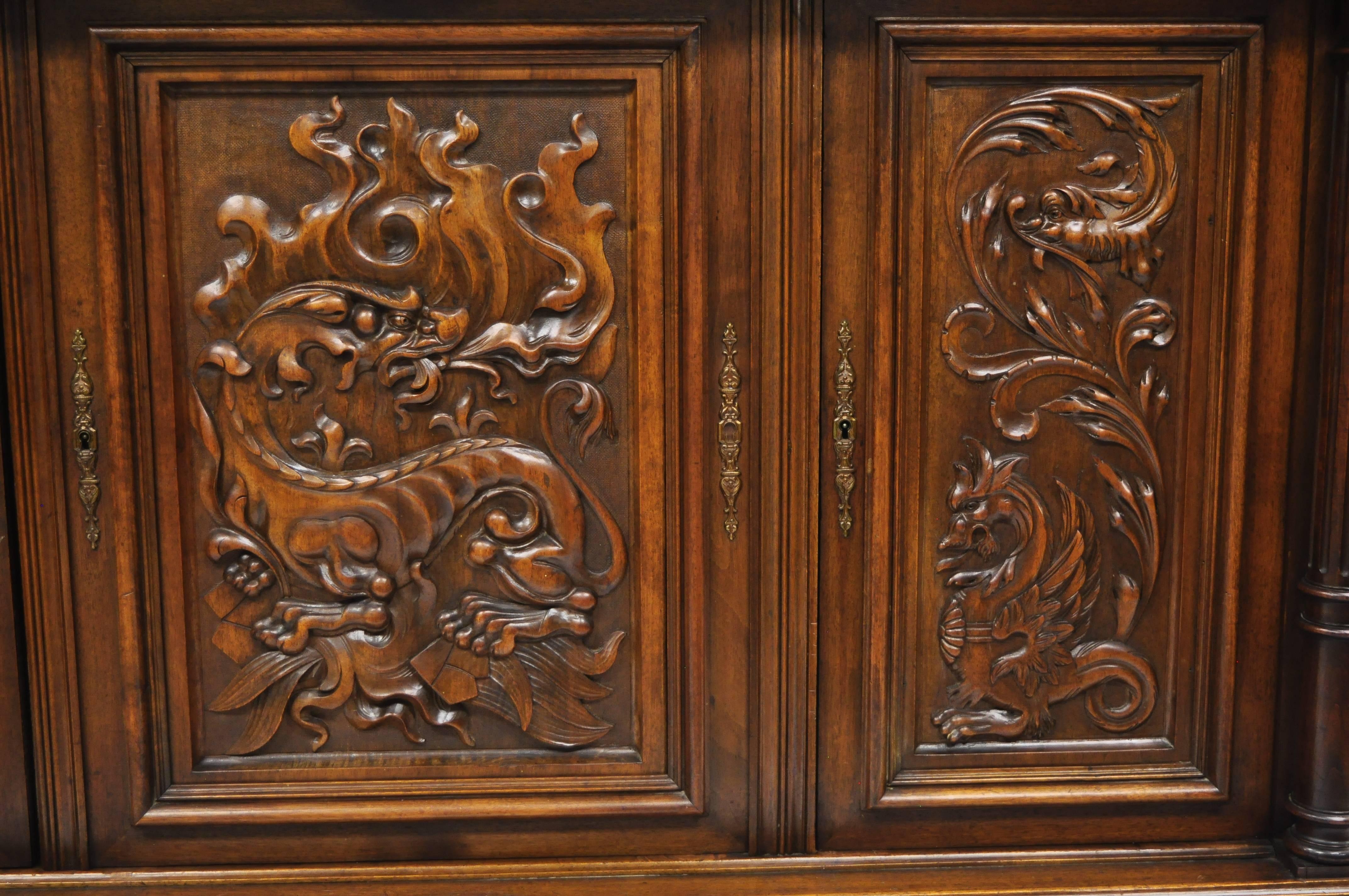 Gothic Renaissance Revival Carved Walnut Dragon Griffin Sideboard Hutch Cabinet For Sale 8