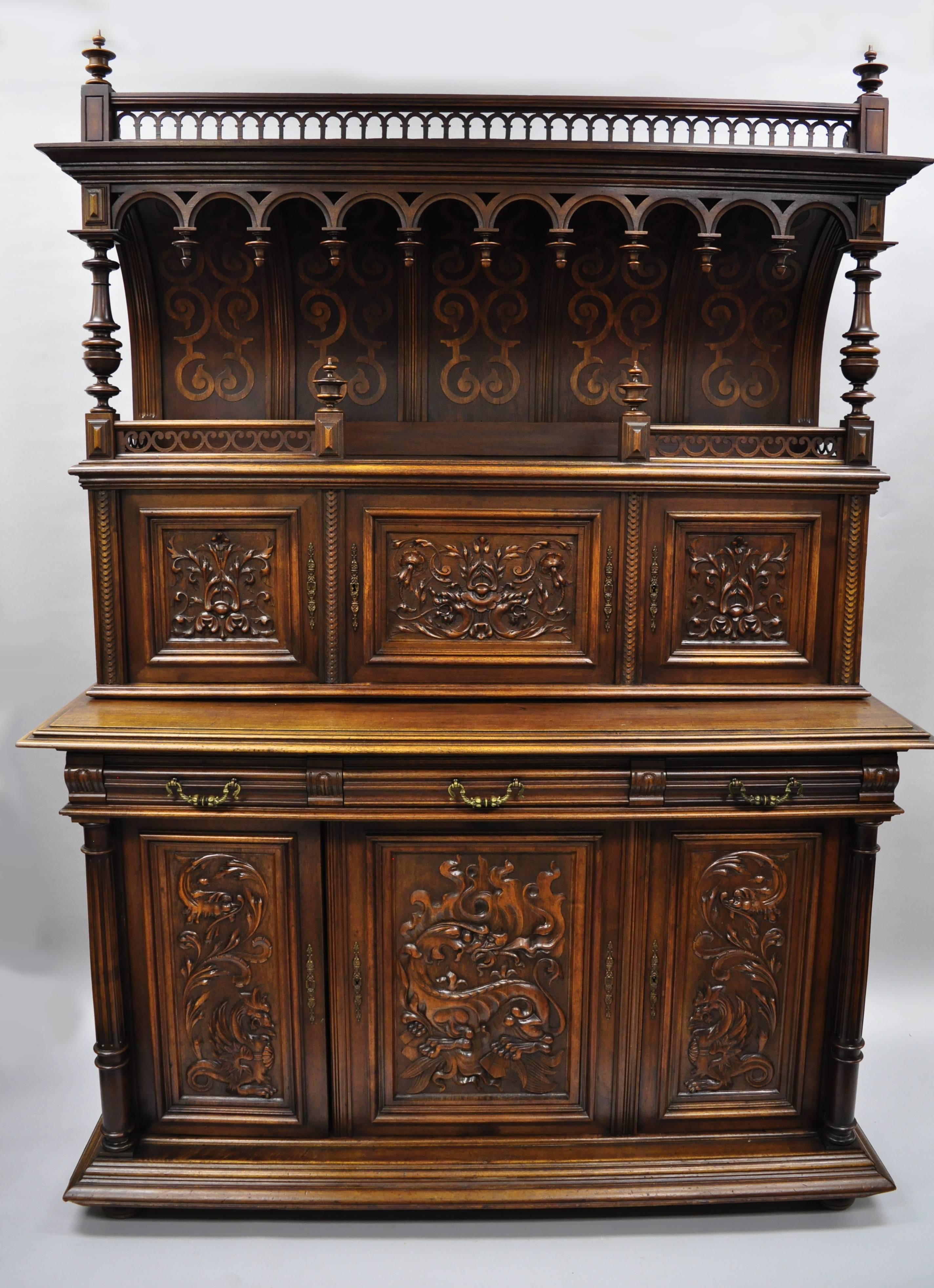 Gothic Renaissance Revival Carved Walnut Dragon Griffin Sideboard Hutch Cabinet For Sale 9